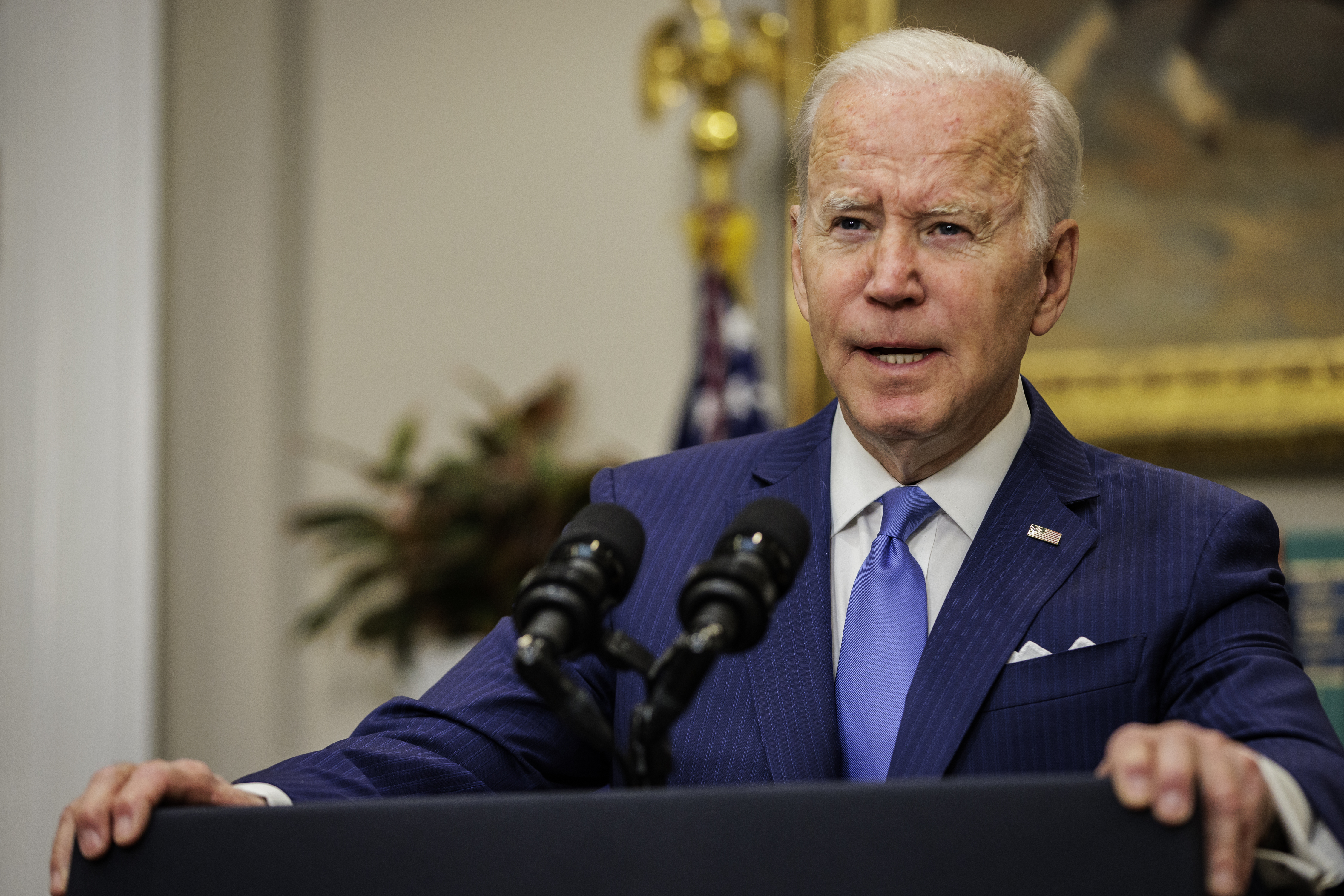 U.S. President Joe Biden speaks in the Roosevelt Room of the White House in Washington, D.C., U.S., on Thursday, April 28, 2022. Biden will ask Congress to provide $33 billion for military, economic, and humanitarian aid to Ukraine, as well as the power to seize and sell the assets of wealthy Russians.