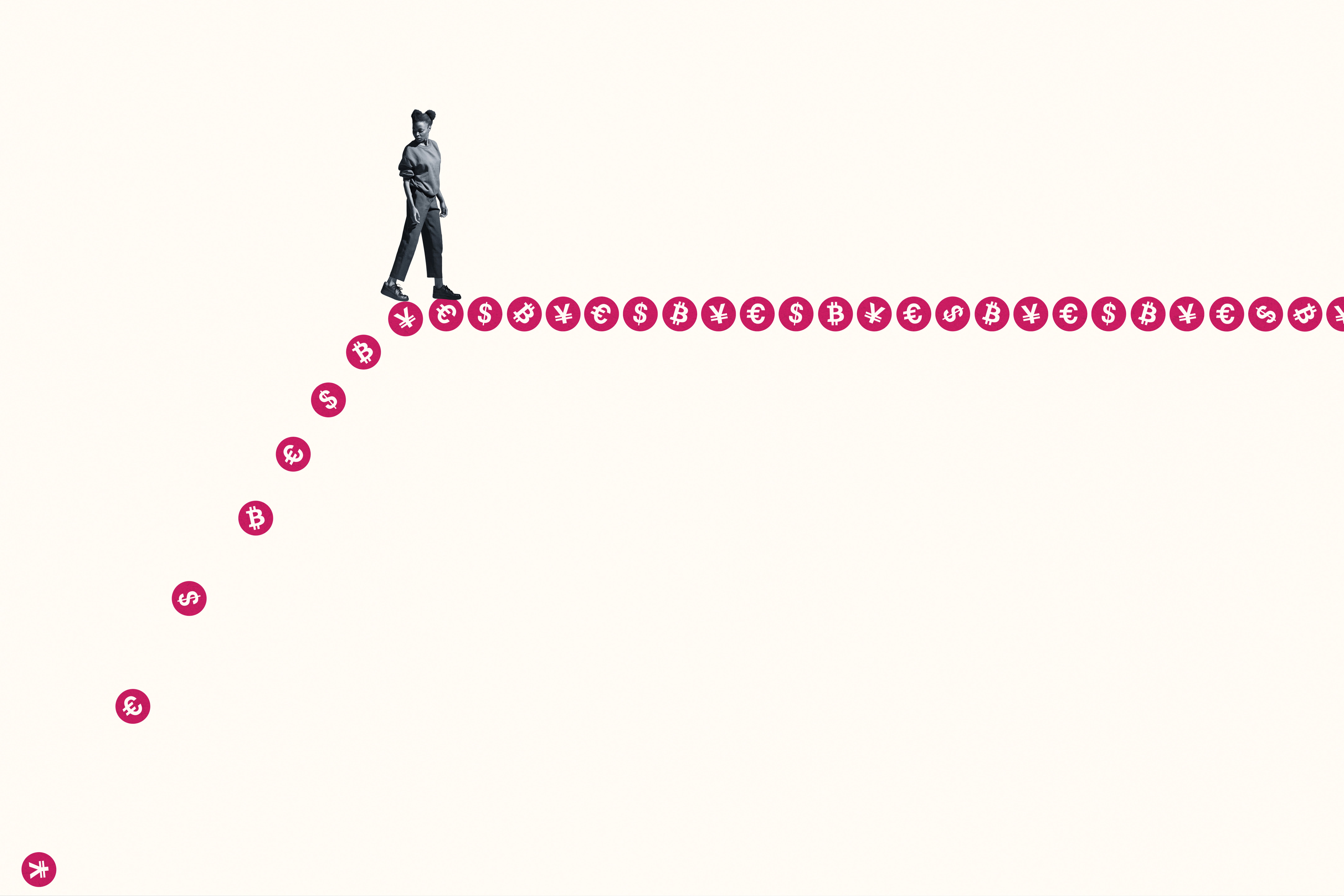 A woman walking up a staircase of currency icons.