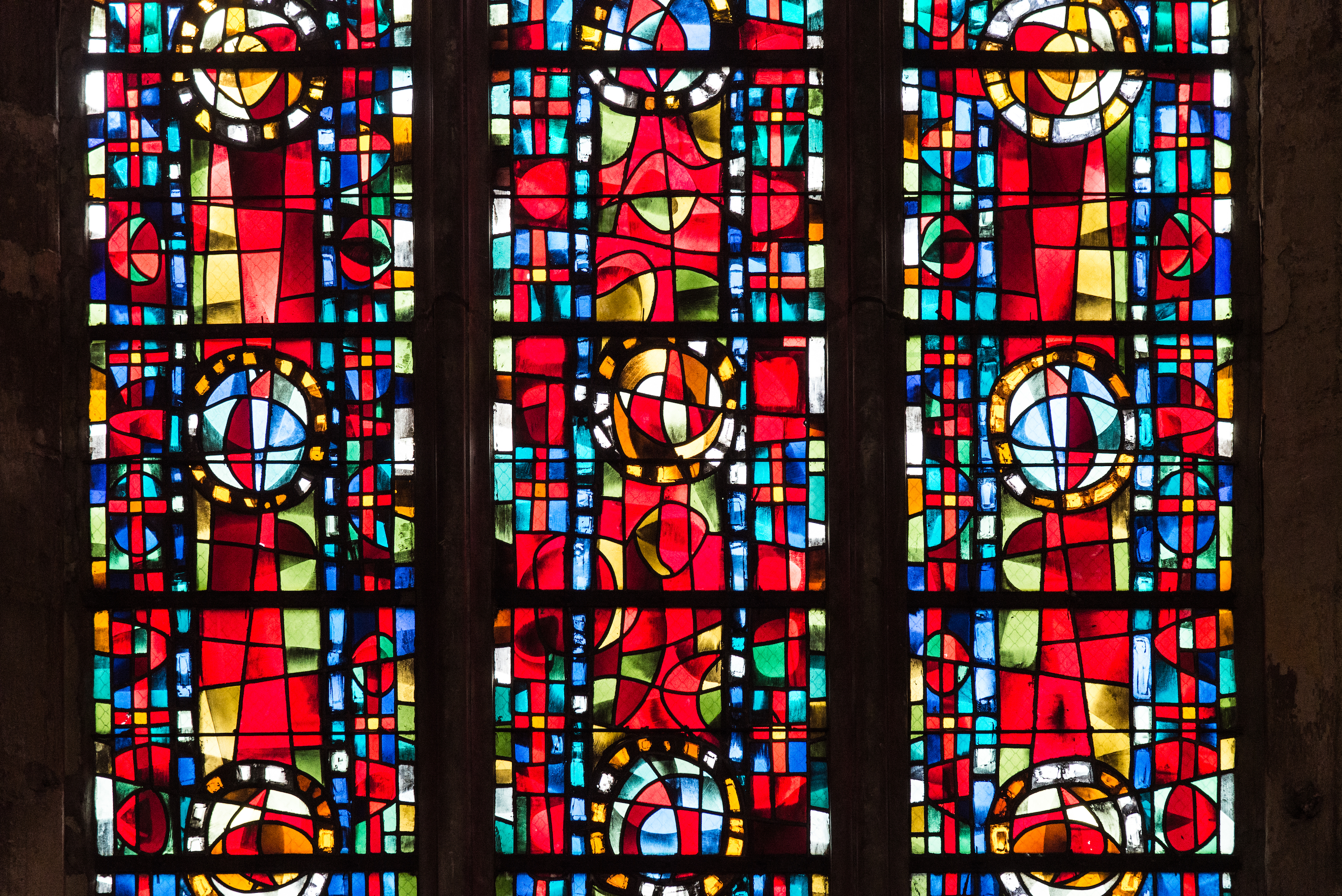 A stained glass window in a cathedral.