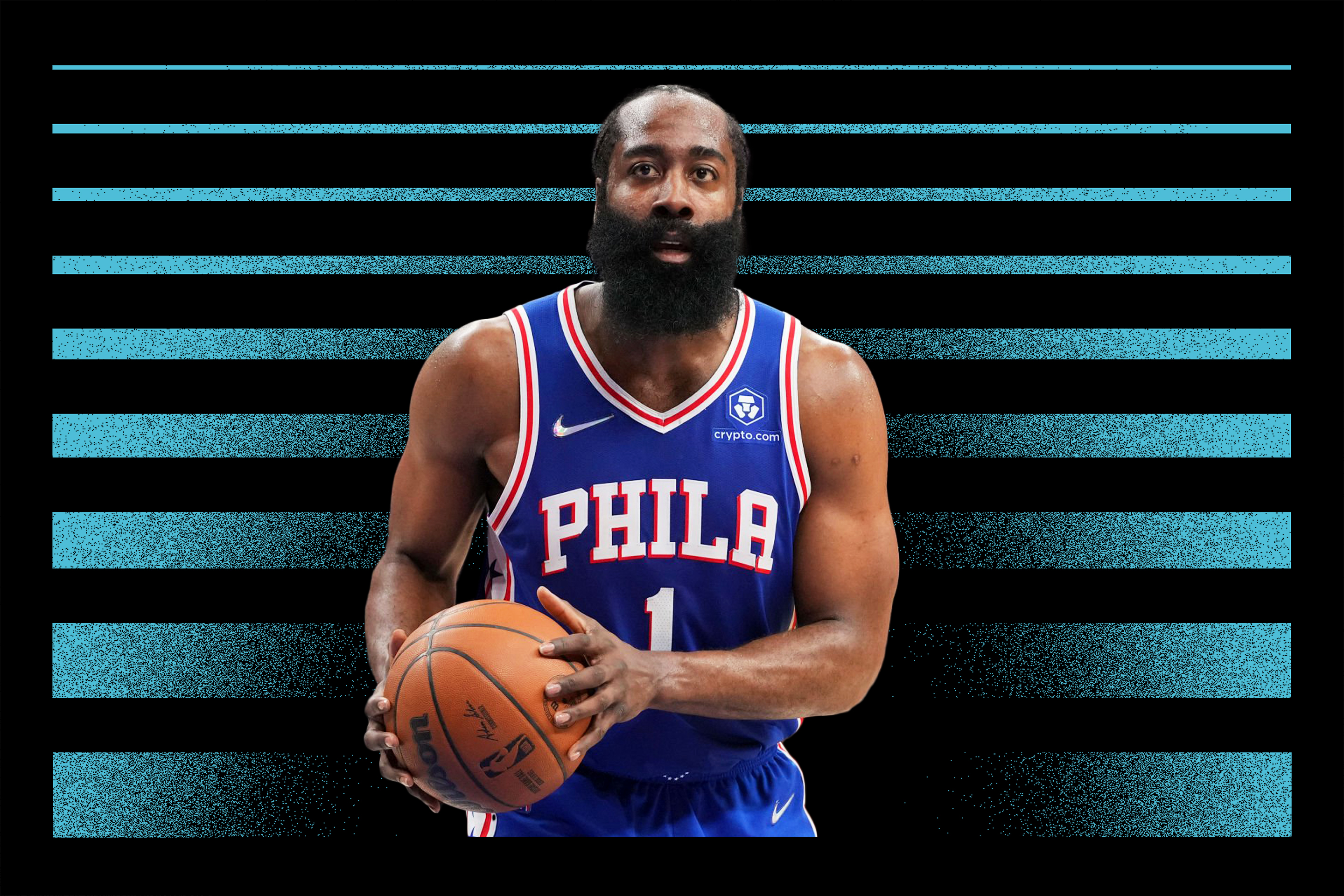 ames Harden #1 of the Philadelphia 76ers holds the basketball.