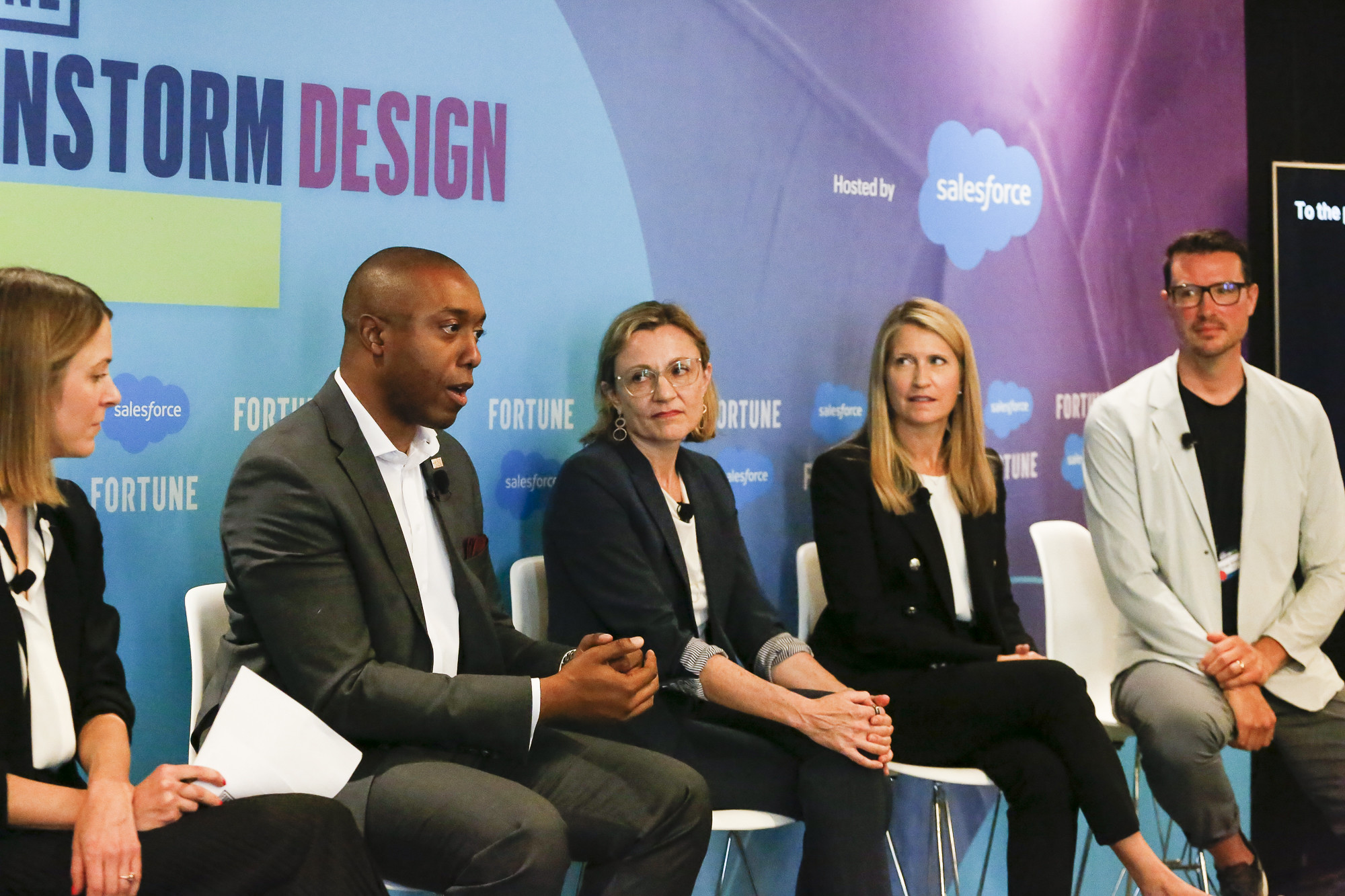 U.S. Department of Labor chief innovation officer Chike Agu, IBM general manager Katrina Alcorn, Boston University organizational psychologist Connie Hadley, and Slack senior vice president of design Ethan Eismann speak with Fortune executive editor Kristen Bellstrom at the Brainstorm Design conference on May 23, 2022 in Brooklyn, New York.