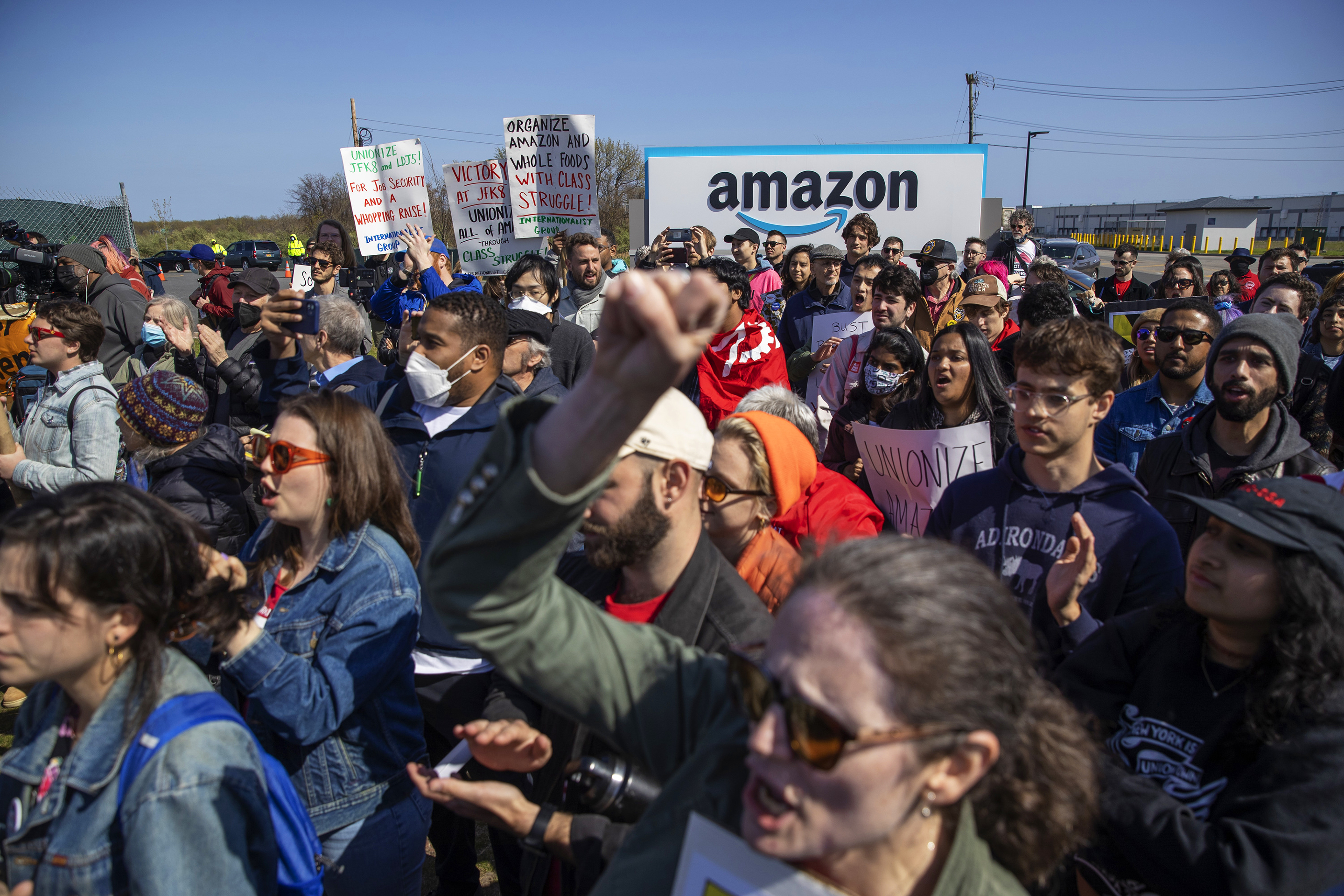 Demonstrators during an Amazon Labor Union (ALU) rally in Staten Island, New York on April 24, 2022.
