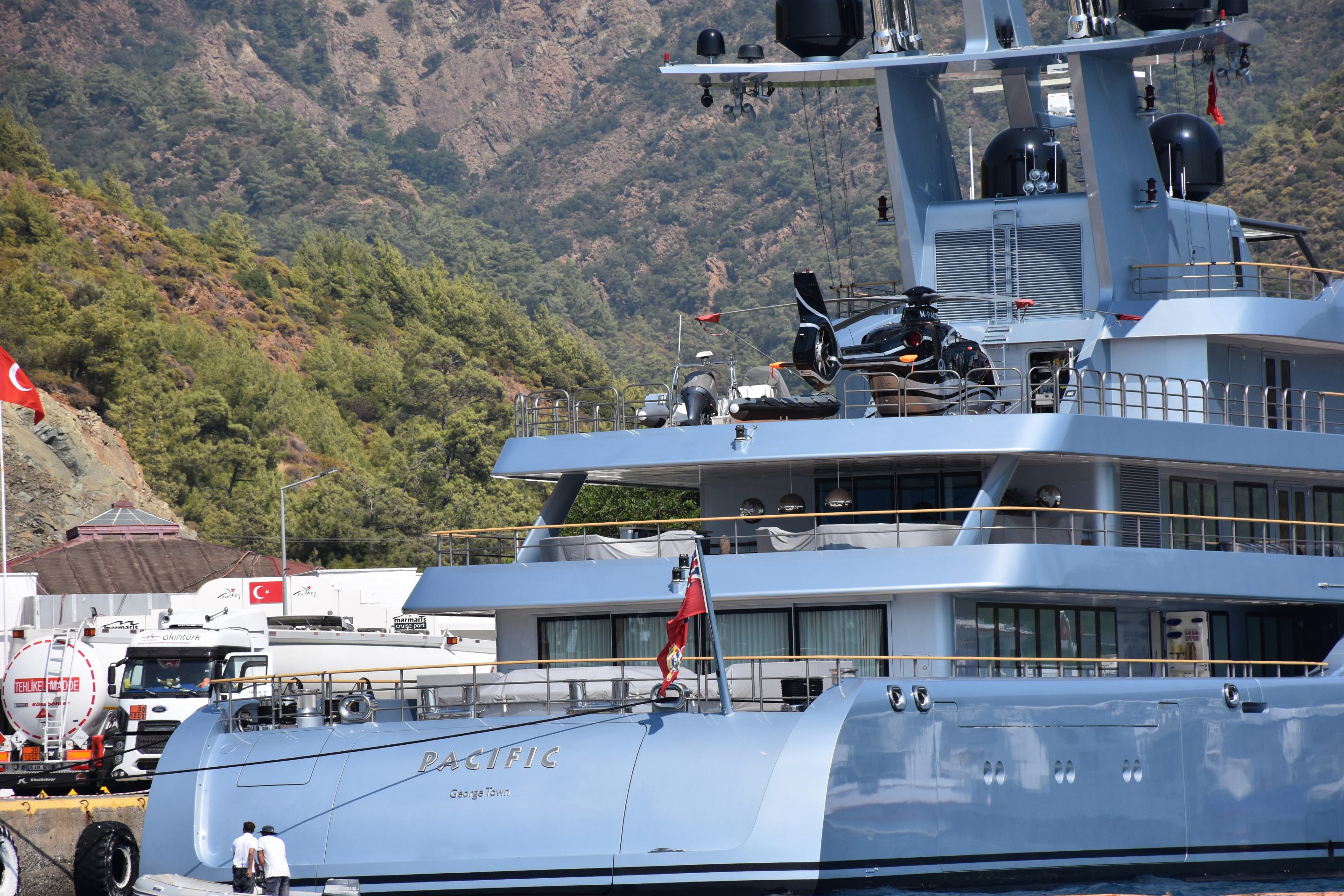The yacht owned by Russia’s second-richest man is back in the Mediterranean, but not for long. Where it is headed is unknown.