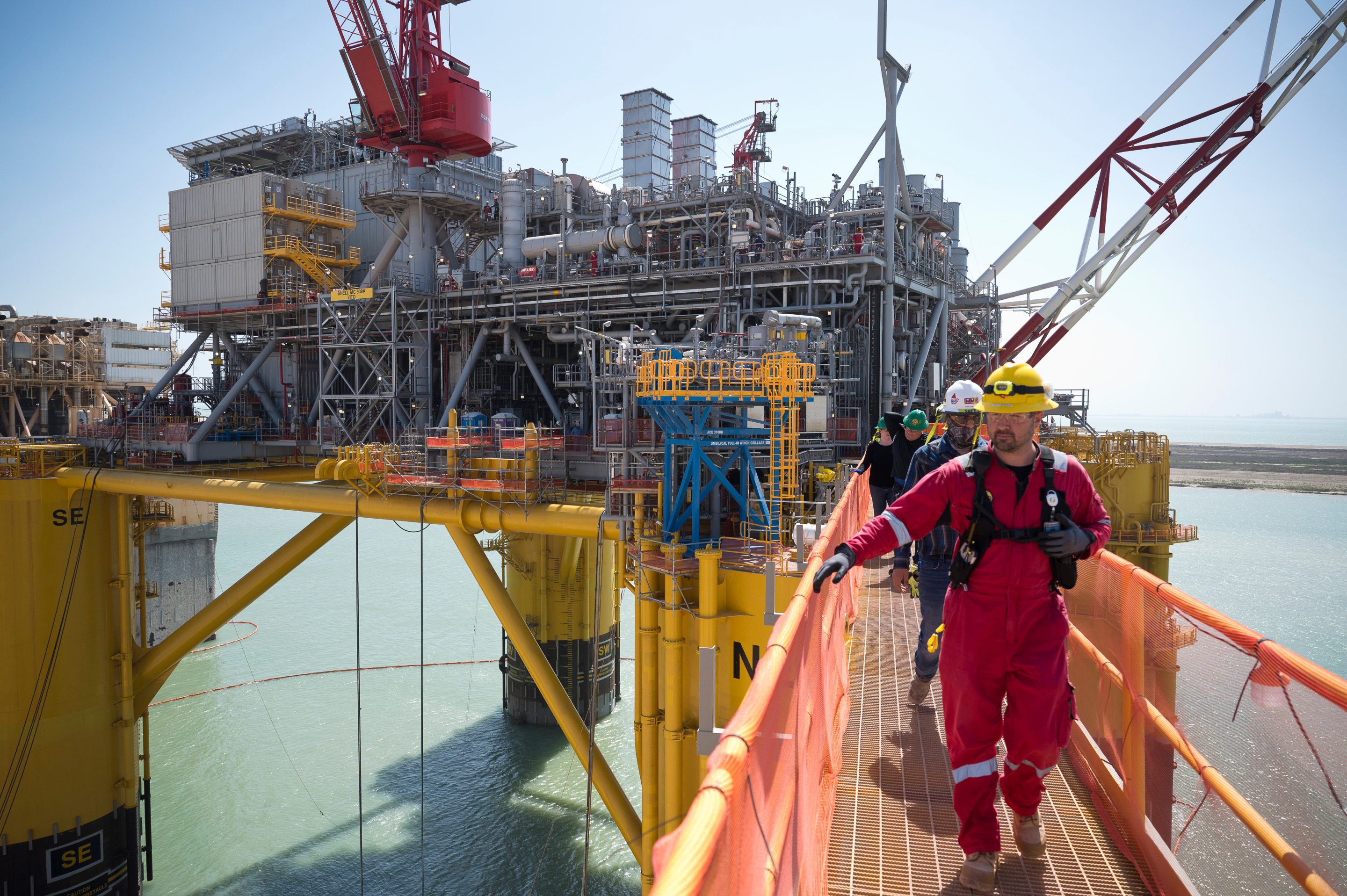 Workers on the Shell Vito offshore oil platform docked at Kiewit Offshore Services in Ingleside, TX in April.