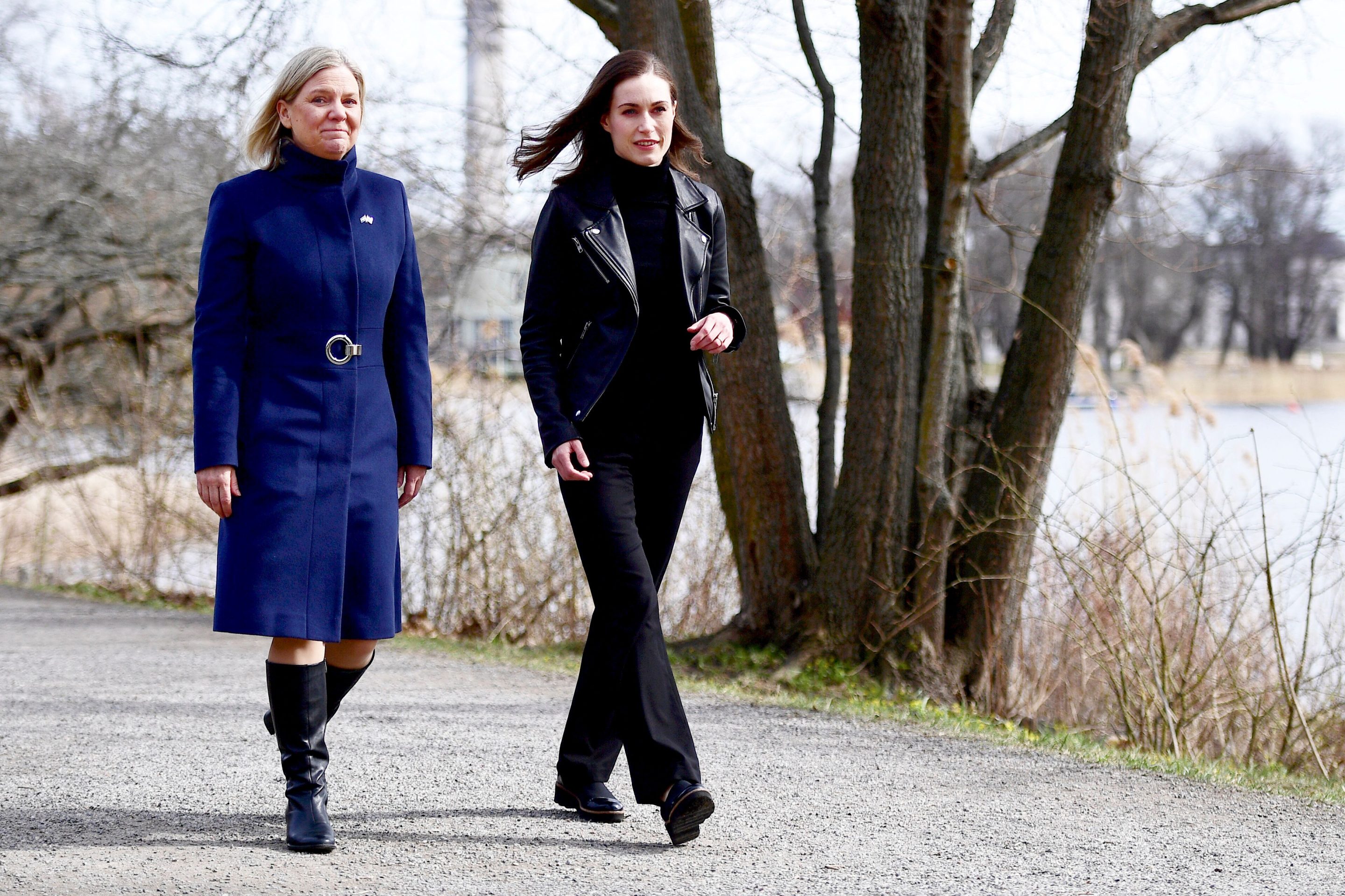 Swedish Prime Minister Magdalena Andersson (L) and Finnish Prime Minister Sanna Marin walk prior to a meeting on whether to seek NATO membership in Stockholm, Sweden, on April 13, 2022.