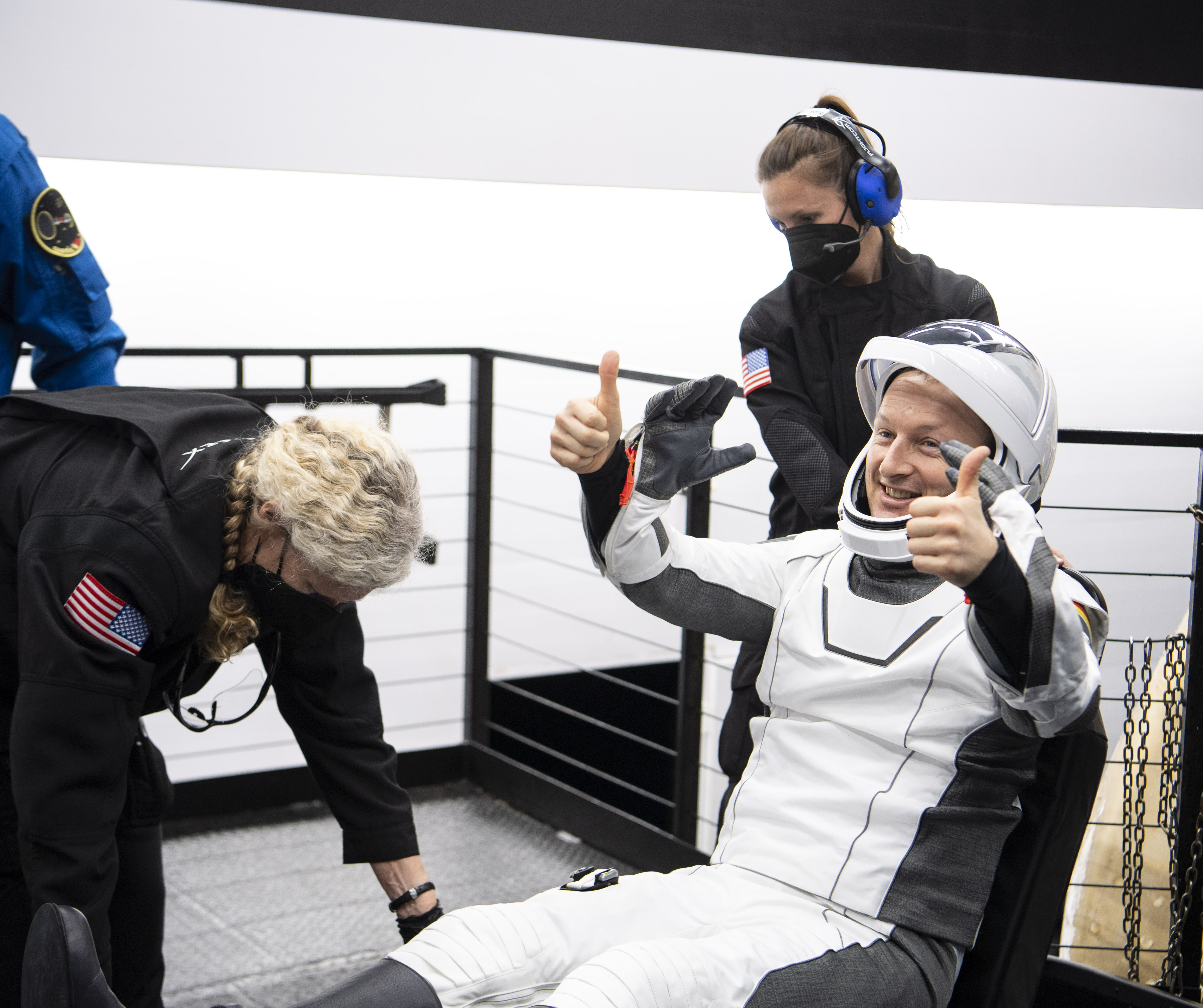 European Space Agency astronaut Matthais Maurer gives a thumbs up after being helped out of the SpaceX Crew Dragon Endurance spacecraft onboard the SpaceX Shannon recovery ship after he and NASA astronauts Raja Chari, Kayla Barron, Tom Marshburn, landed in the Gulf of Mexico on May 6, 2022 off the coast of Tampa.