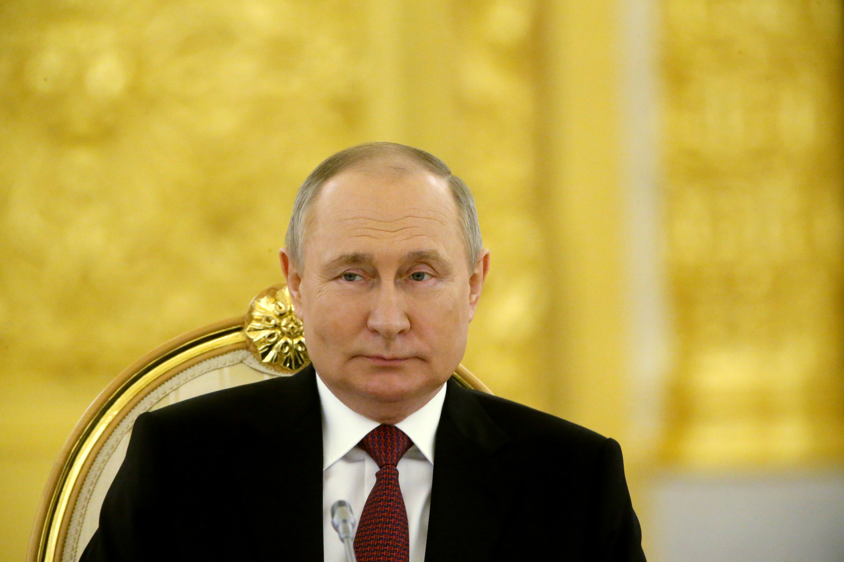 MOSCOW, RUSSIA - MAY 16: (RUSSIA OUT) Russian President Vladimir Putin smiles during the Summit of Collective Security Treaty Organisation (CSTO) at the Grand Kremlin Palace, May, 16, 2022, in Moscow, Russia. Leaders of post-Soviet states have gathered at the Kremlin for the summit of CSTO marking its 30th anniversary this year.