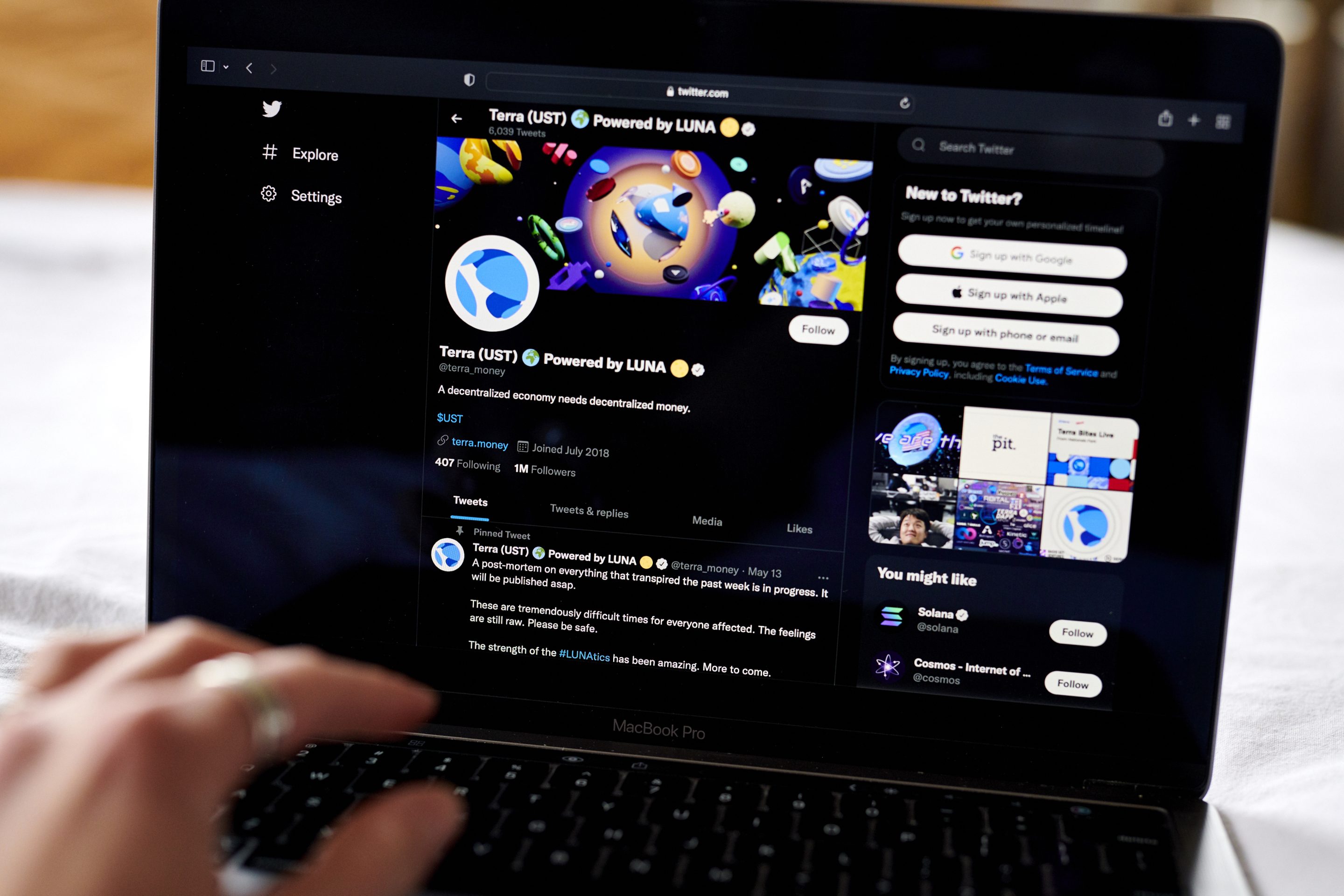 The Terra Twitter page on a laptop computer arranged in the Brooklyn borough of New York, US, on Monday, May 16, 2022. The collapse of the Terra ecosystem, and the tokens Luna and UST, will go down as one of the most painful and devastating chapters in crypto history.