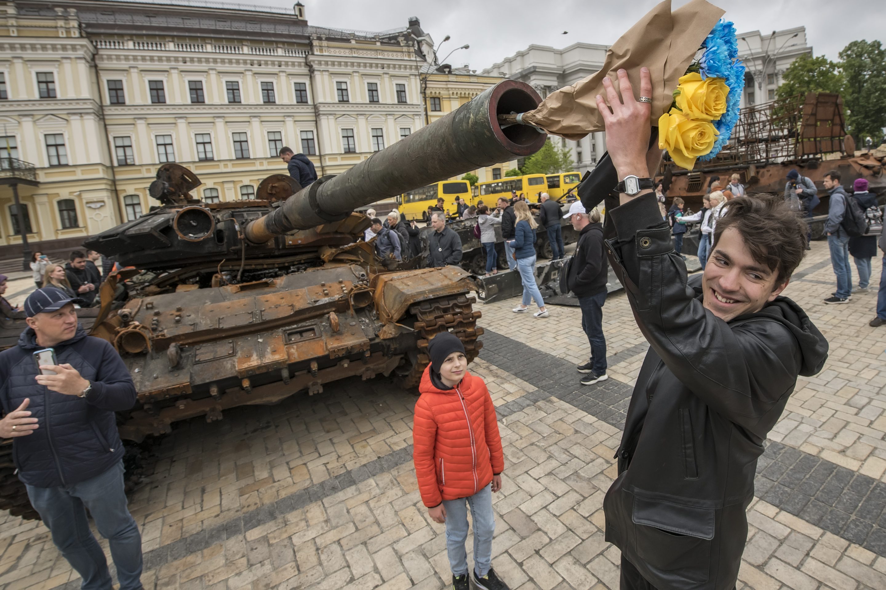 The bouquet of blue and yellow flowers sticking out in the barrel of the destroyed Russian tank displayed for Ukrainians to see at Mykhailivska Square in downtown Kyiv, Ukraine, May 22. 