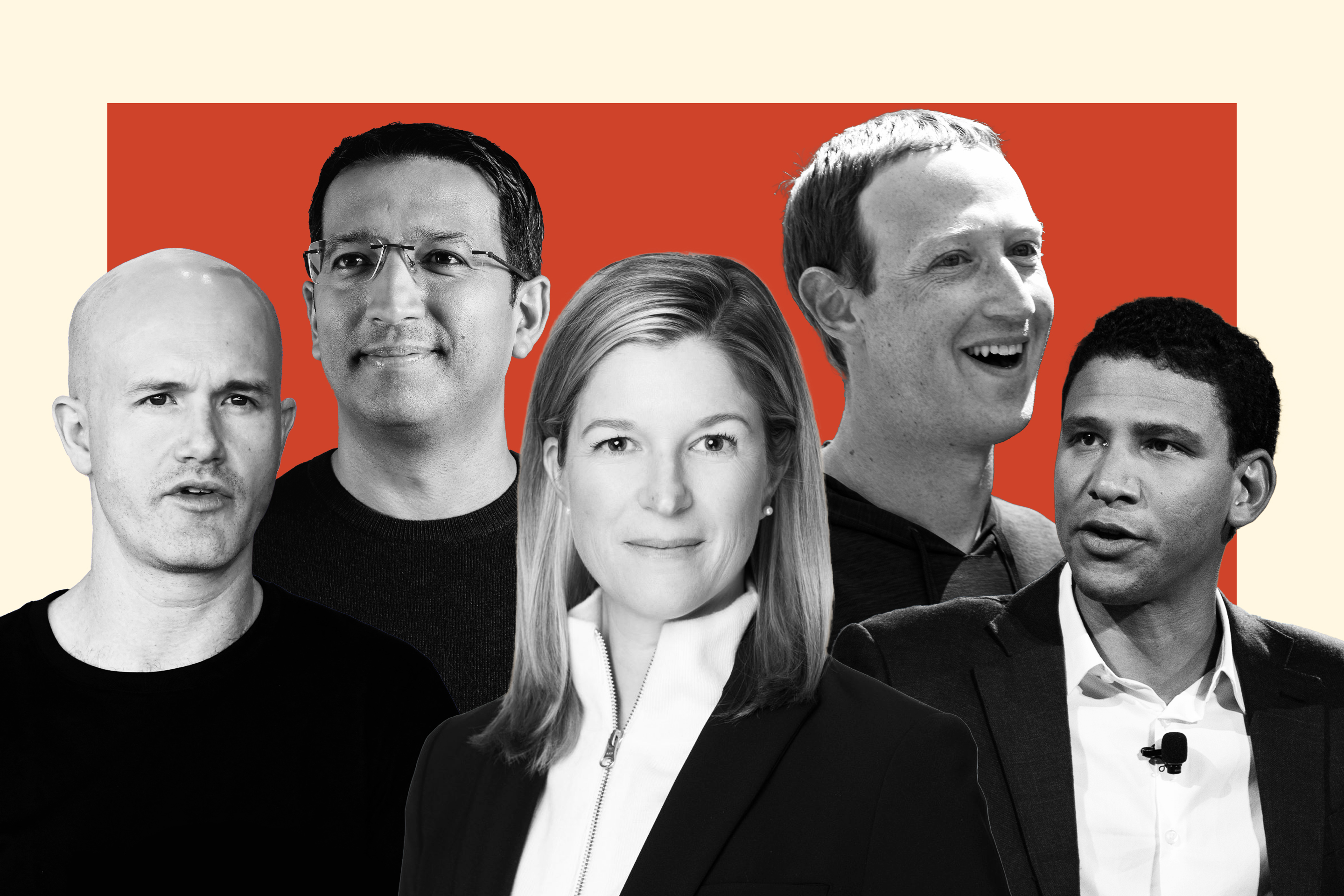 From left: Coinbase CEO Brain Armstrong, Chewy Inc. CEO Sumit Singh, Centene CEO Sarah London, Meta CEO Mark Zuckerberg, and Compass CEO Robert Reffkin.