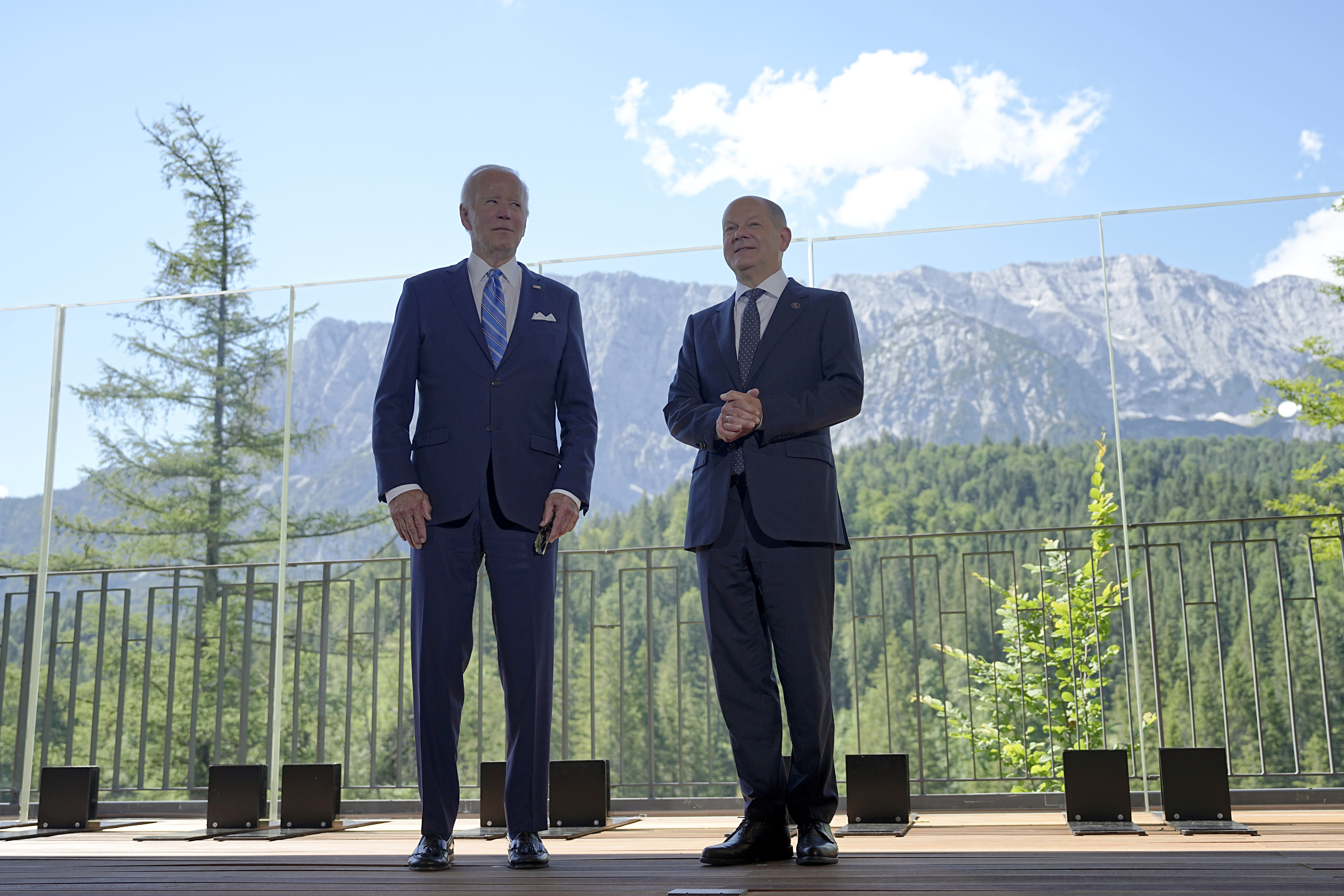 German Chancellor Olaf Scholz, right, welcomes US President Joe Biden, left, for a bilateral meeting at Castle Elmau in Kruen, near Garmisch-Partenkirchen, Germany, on Sunday, June 26. The Group of Seven leading economic powers are meeting in Germany for their annual gathering Sunday through Tuesday.