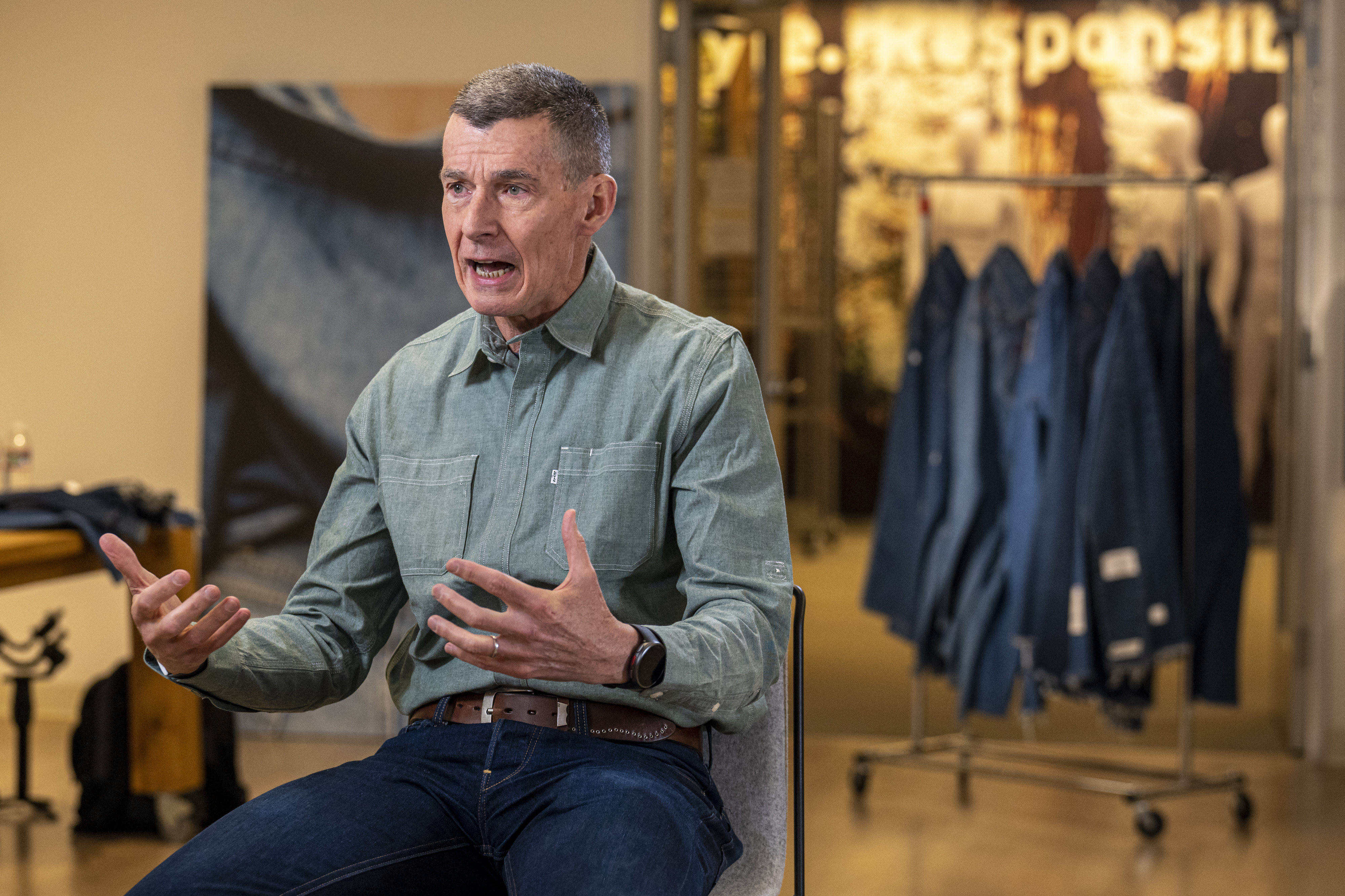 Chip Bergh, president and chief executive officer for Levis Strauss & Co., speaks during a Bloomberg Television interview at the company's headquarters in San Francisco.