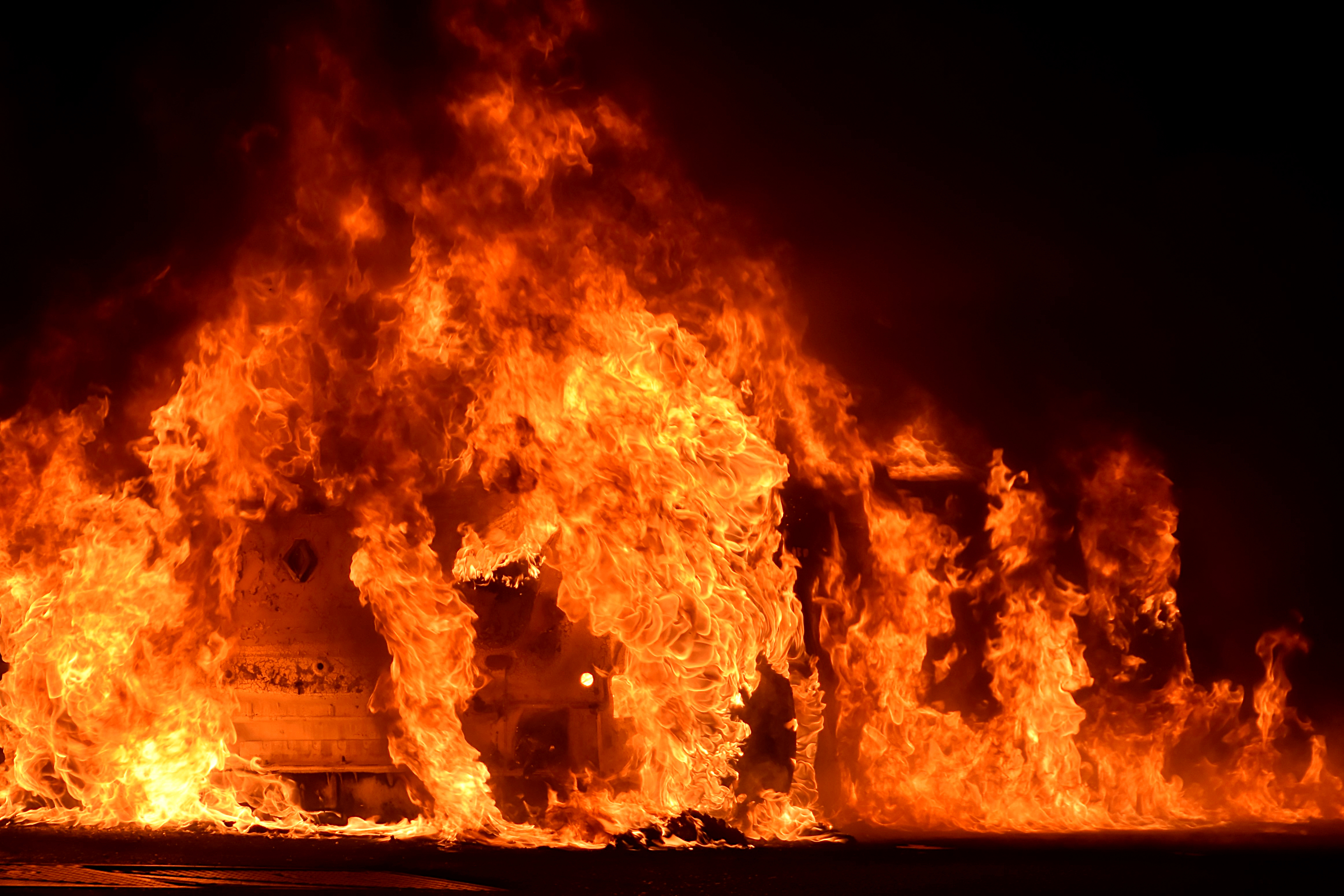 A burning car.