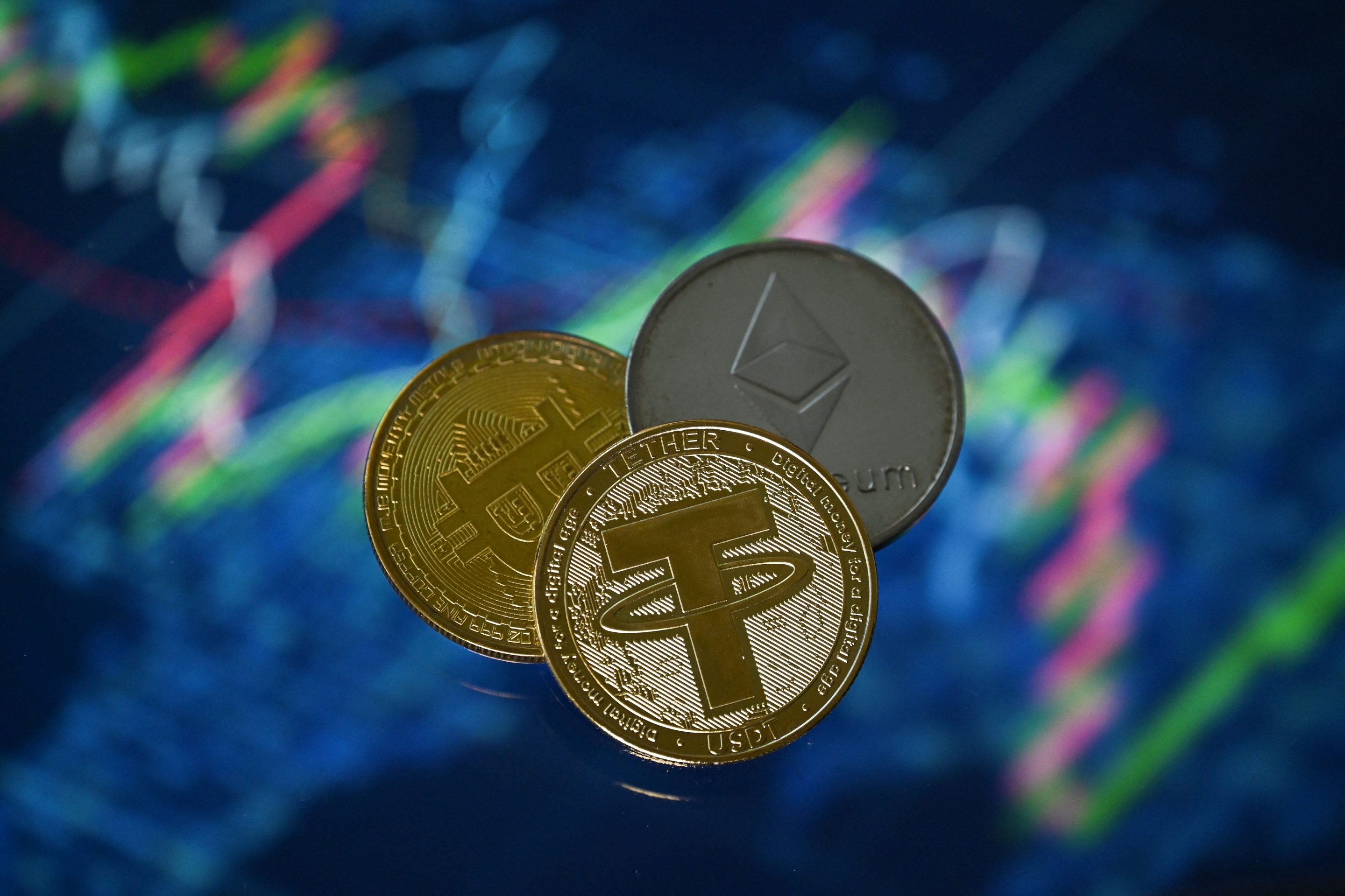 An illustration picture taken in London on May 8, 2022, shows gold plated souvenir cryptocurrency Tether (USDT), Bitcoin and Etherium coins arranged beside a screen displaying a trading chart.