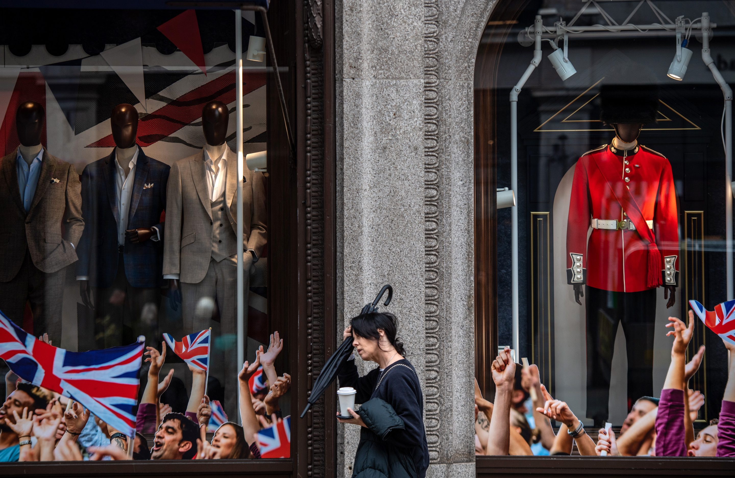 A Queen's Guard costume decorates the window display of a retail store on Regent Street ahead of the Queen's Platinum Jubilee celebrations in central London, UK, on Wednesday, June 1. The bank holiday to celebrate Queen Elizabeth IIs 70 years on the throne may tip the UK economy into contraction but growth into subsequent months will save it from a recession.