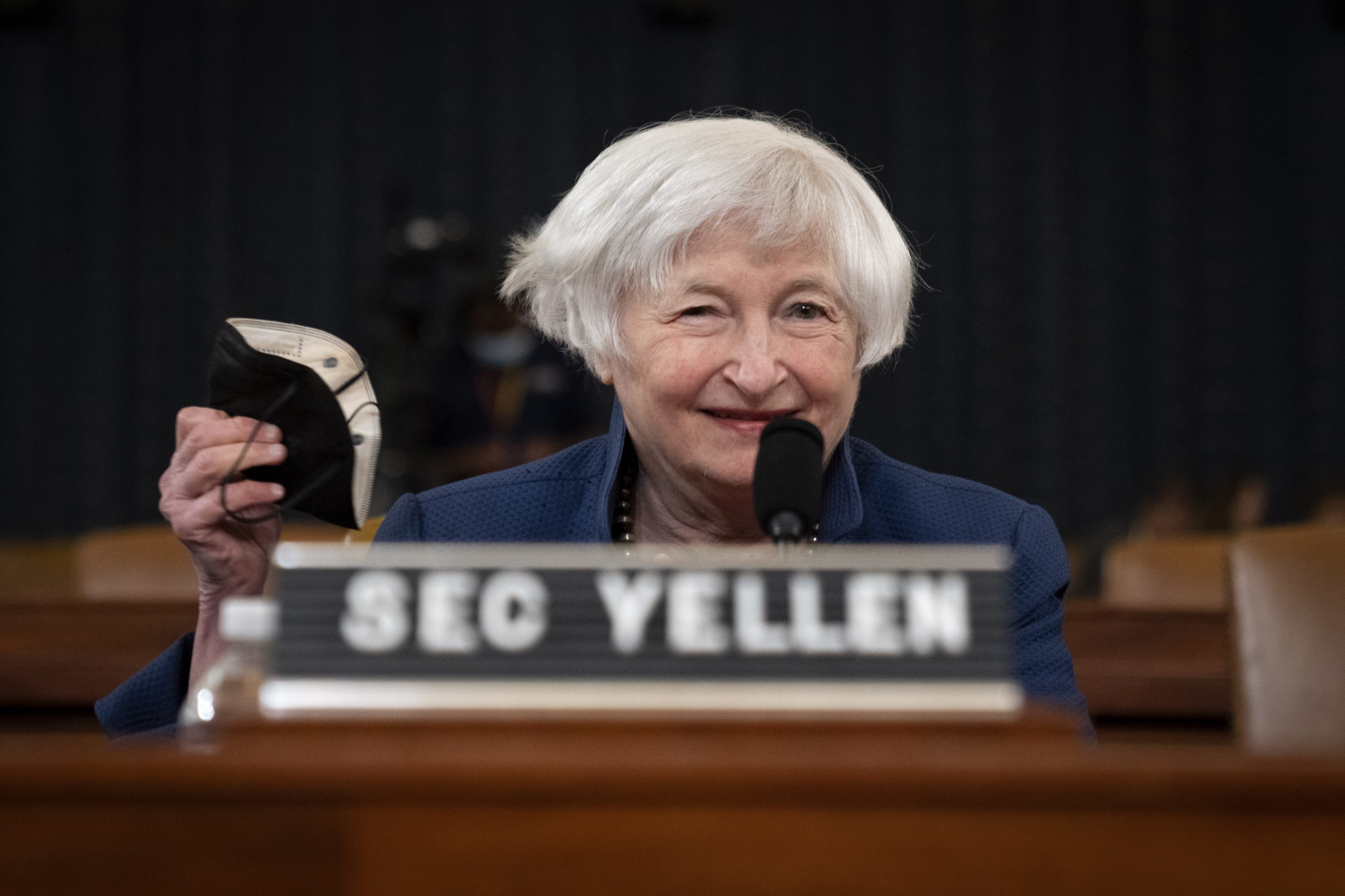 U.S. Treasury Secretary Janet Yellen removes her face covering as she arrives to testify during a House Ways and Means Committee hearing about the fiscal year 2023 budget, on Capitol Hill June 8 in Washington, D.C. In a Senate hearing on Tuesday, Yellen told Senators that she expects inflation to remain high.