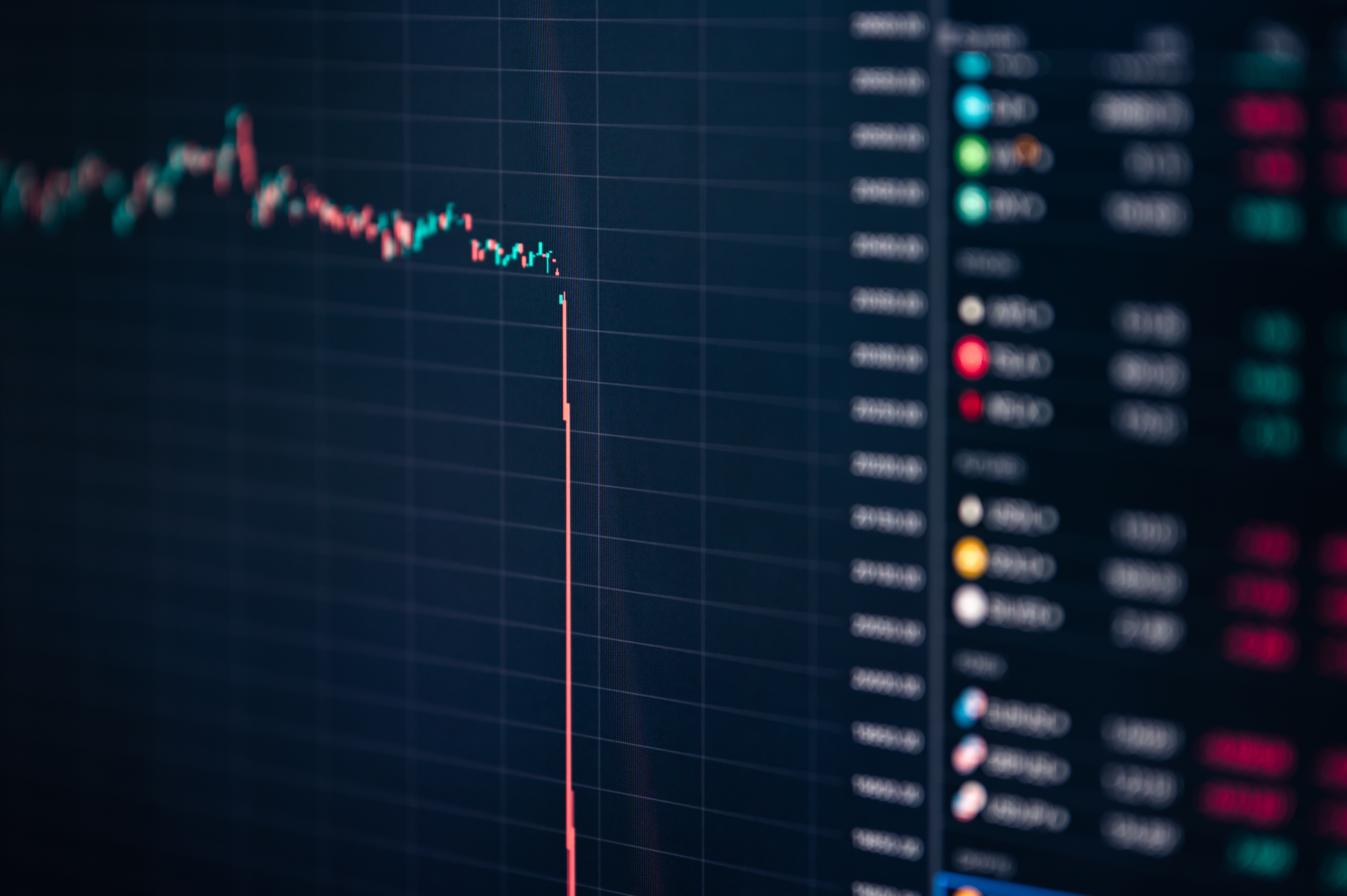 The 1 minute candlestick chart showing a sell-off of the cryptocurrency Bitcoin can be seen on the Trading View platform on the monitor of a computer in an office.