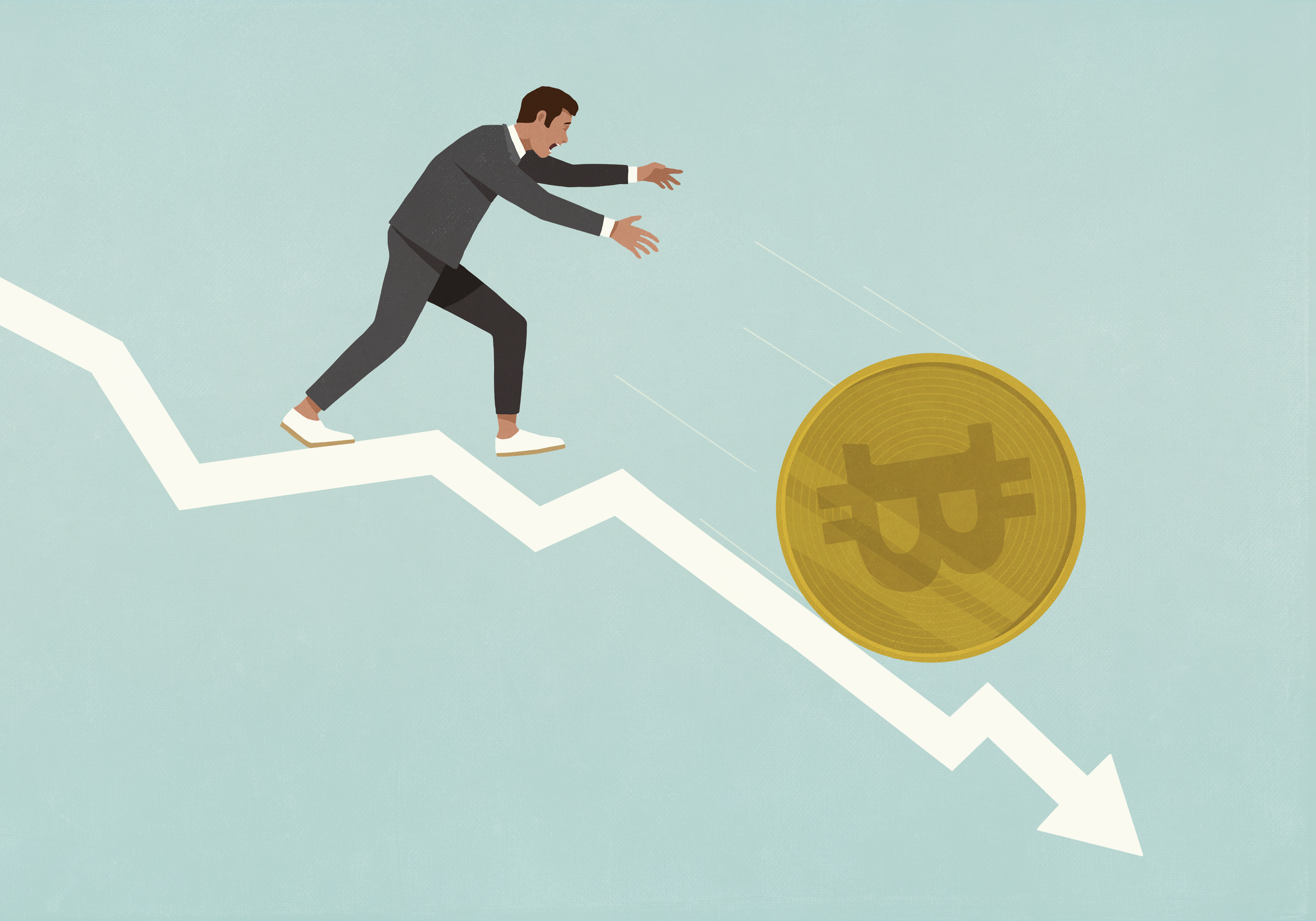 Artistic representation of a man chasing a Bitcoin token downhill