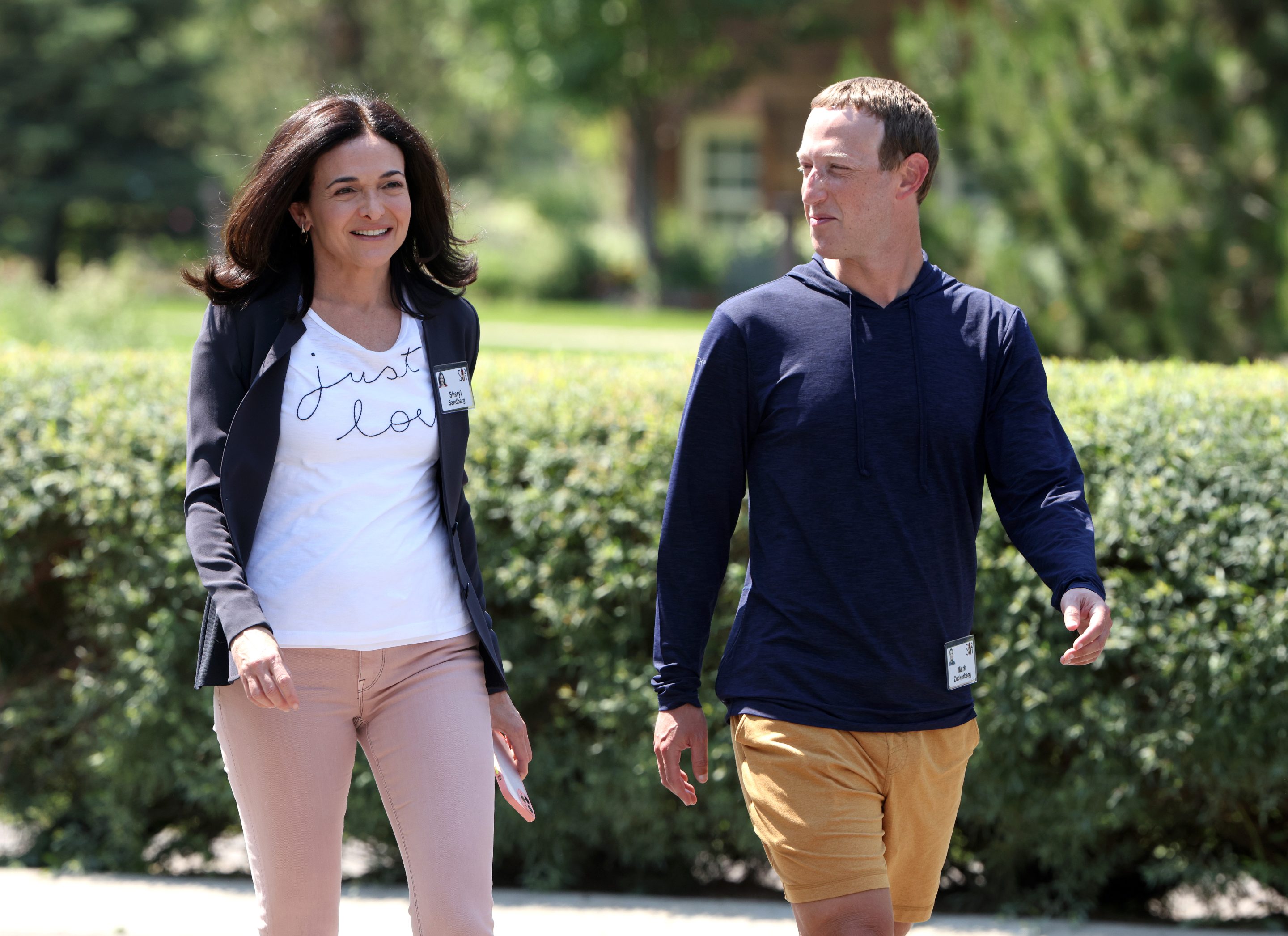 CEO of Facebook Mark Zuckerberg walks with COO of Facebook Sheryl Sandberg after a session at the Allen & Company Sun Valley Conference on July 08, 2021, in Sun Valley, Idaho.