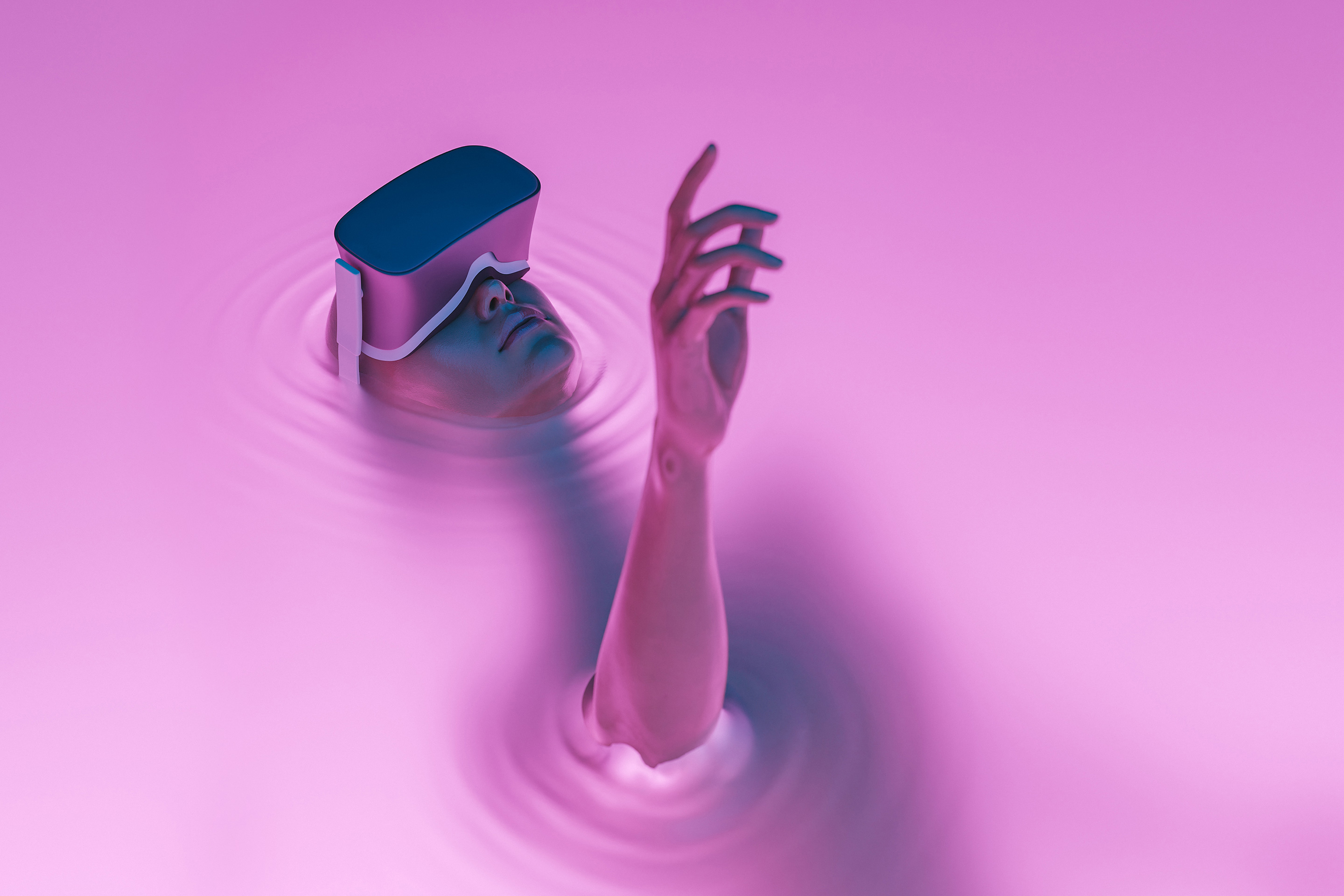 Surrealistic scene of a VR glasses user immersed in metaverse with neon lighting