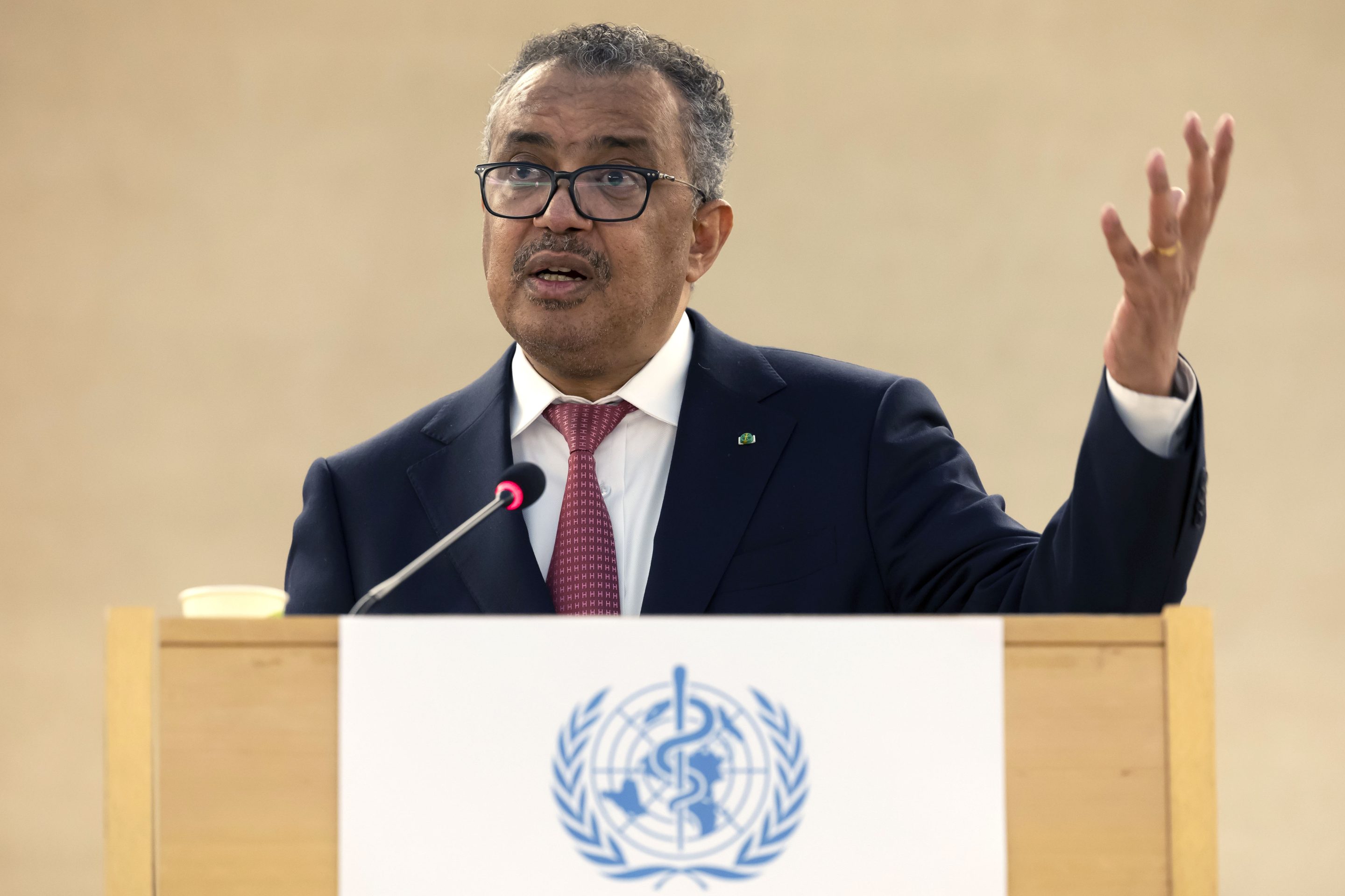 Tedros Adhanom Ghebreyesus, Director General of the World Health Organization (WHO) delivers his speech after his reelection, during the 75th World Health Assembly at the European headquarters of the United Nations in Geneva, Switzerland, on May 24, 2022.