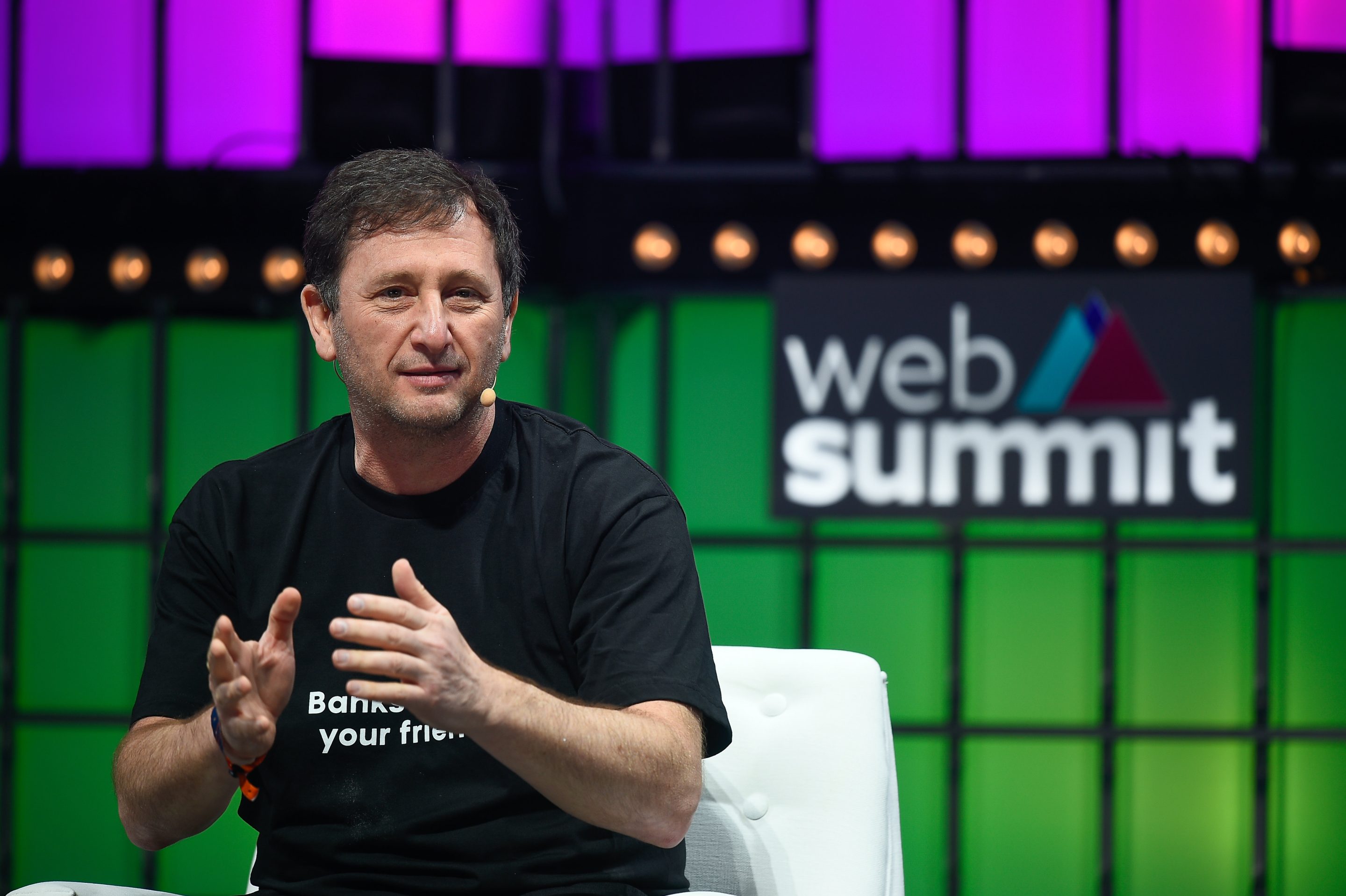 Alex Mashinsky, founder and CEO at Celsius, addresses the audience at Web Summit 2021 in Lisbon. 