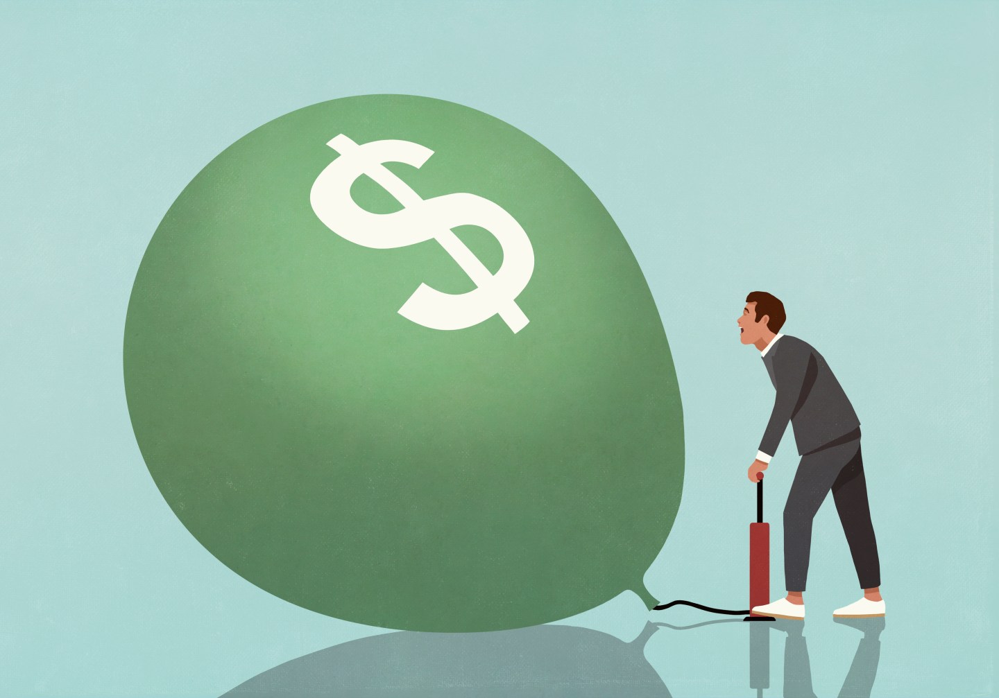 Cartoon man inflating a balloon with a dollar sign on it