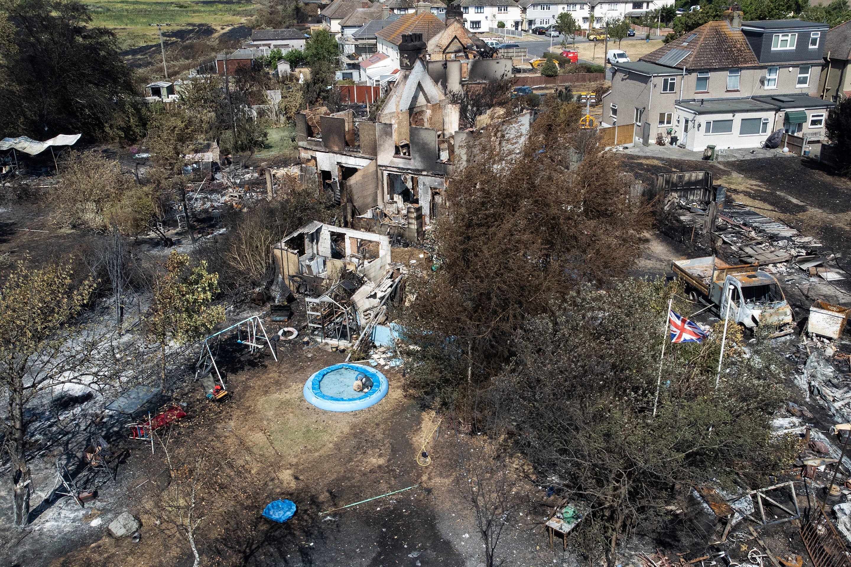 An aerial view of the destruction on July 20 after a series of fires broke out across England as the U.K. experienced a record-breaking heatwave.