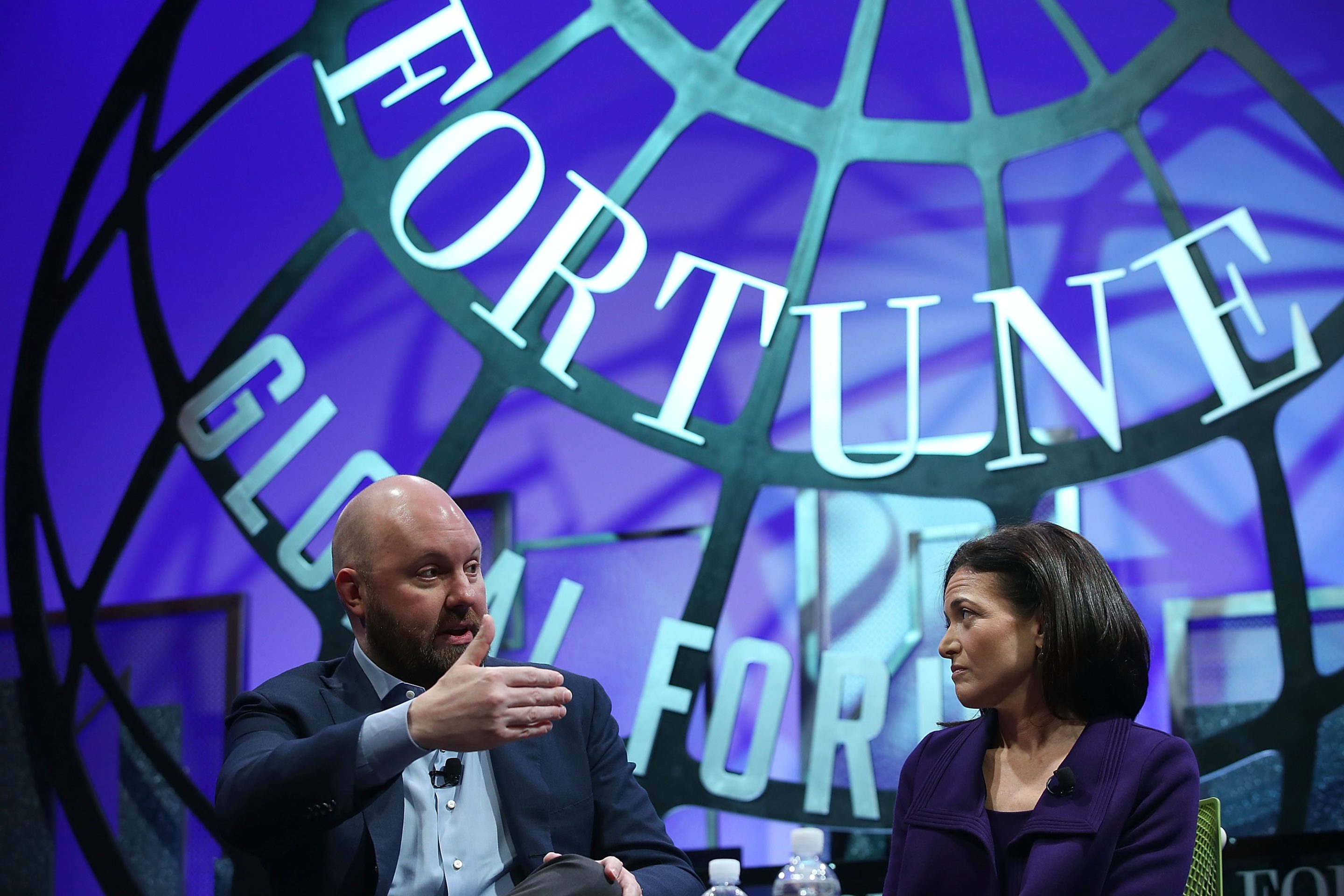 a16z's Marc Andreessen and former Facebook COO Sheryl Sandberg at the 2015 Fortune Global Forum.