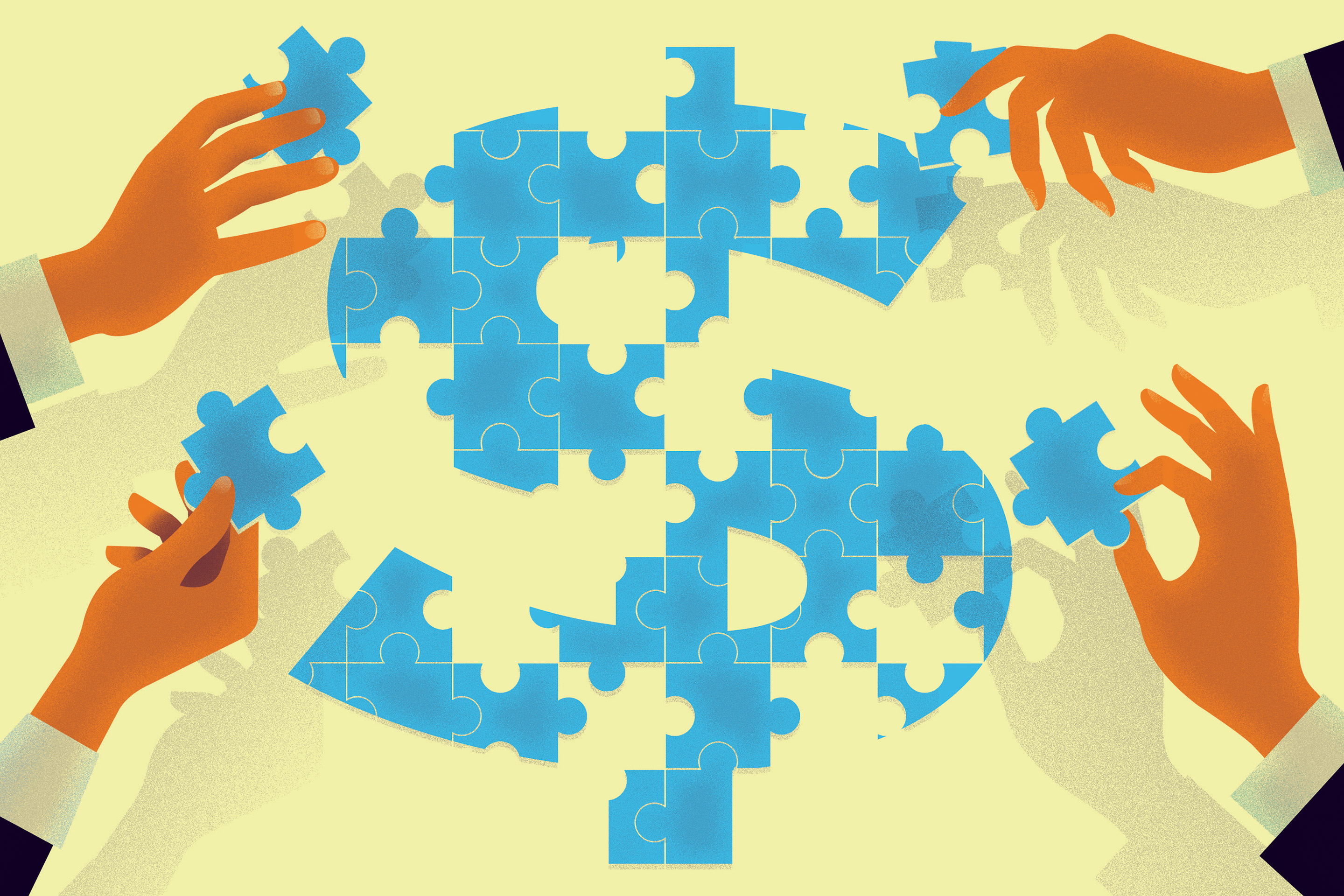 Hands arranging puzzle pieces in the shape of money symbol