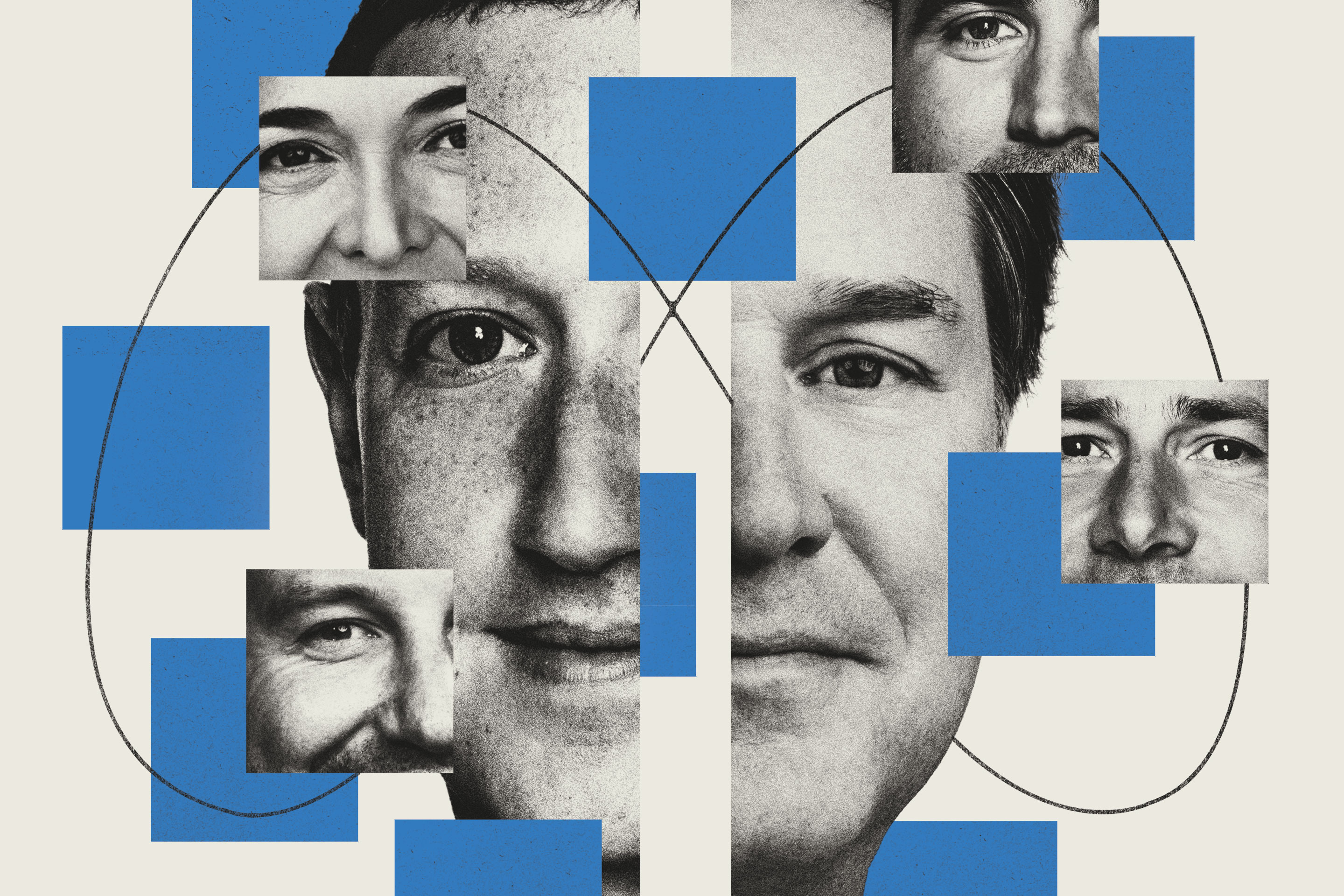 Zuckerberg’s new inner circle includes Clegg (center) and (clockwise from top right) Chris Cox, Javier Olivan, and Andrew Bosworth. Sheryl Sandberg (top left) will step down as COO in September.