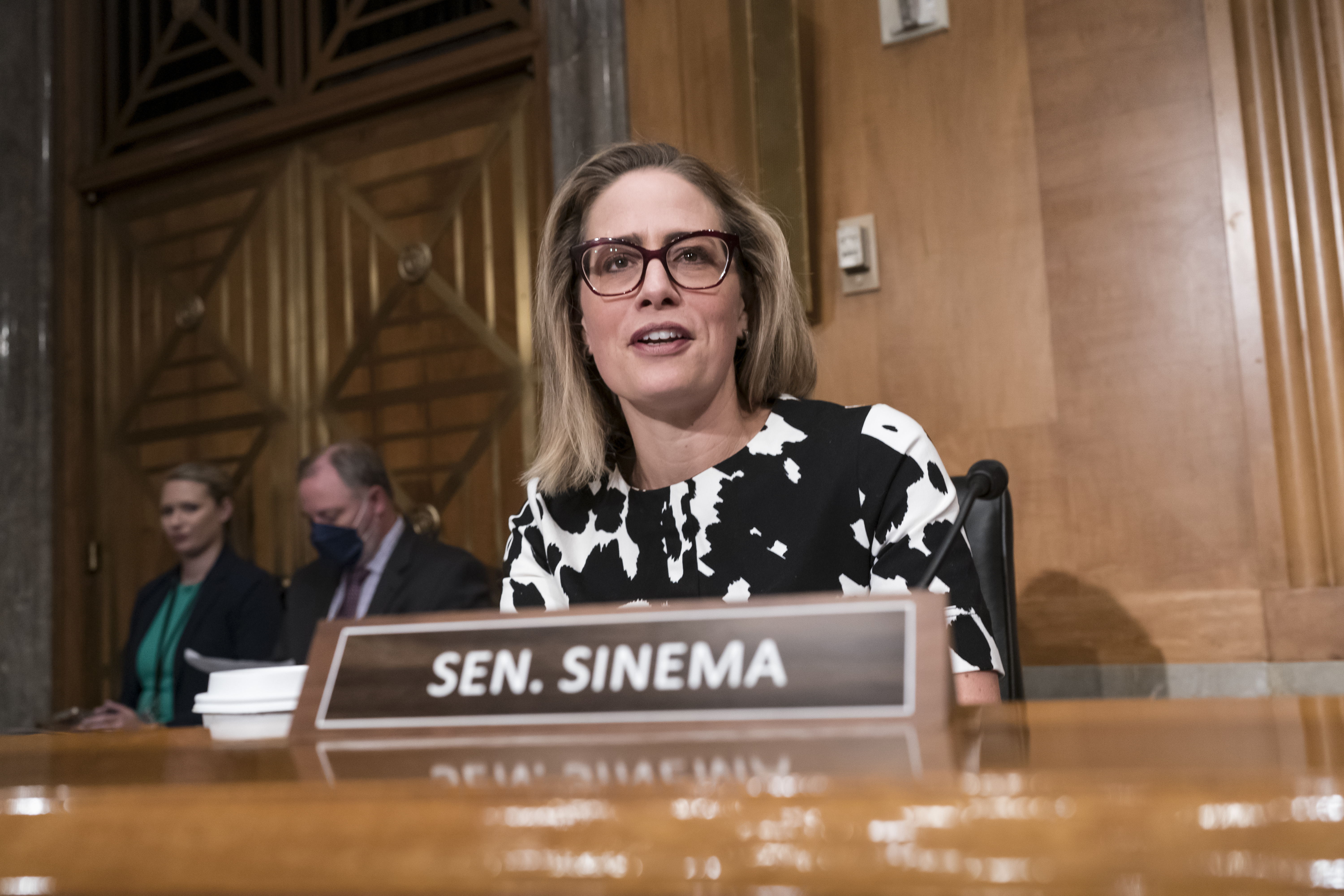 Sen. Kyrsten Sinema, D-Ariz., arrives for a meeting of the Senate Homeland Security Committee at the Capitol in Washington, Aug. 3. Sen. Kyrsten Sinema, D-Ariz., a centrist who was seen as the pivotal vote, said in a statement that she had agreed to changes in the measure's tax and energy provisions and was ready to “move forward” on the bill, Thursday, Aug. 4, 2022.