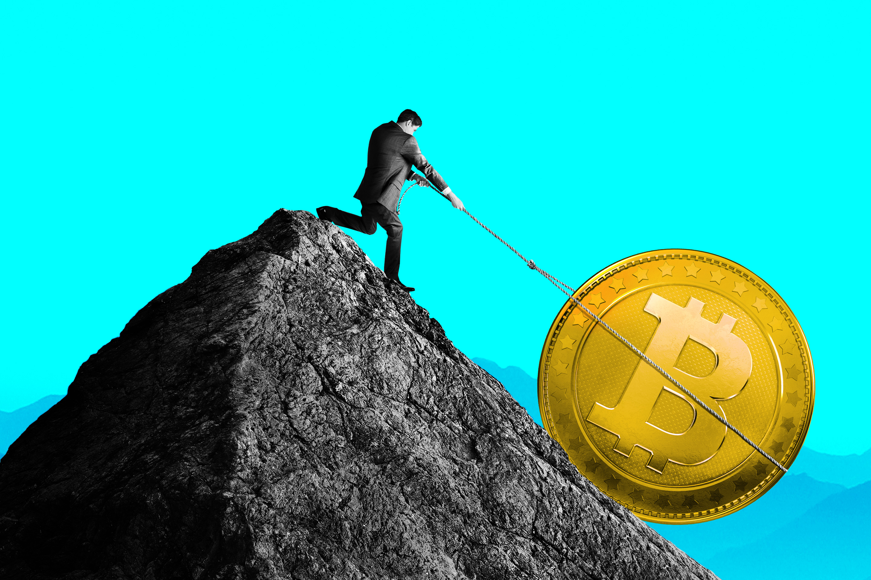 Man pulling Bitcoin up a mountain