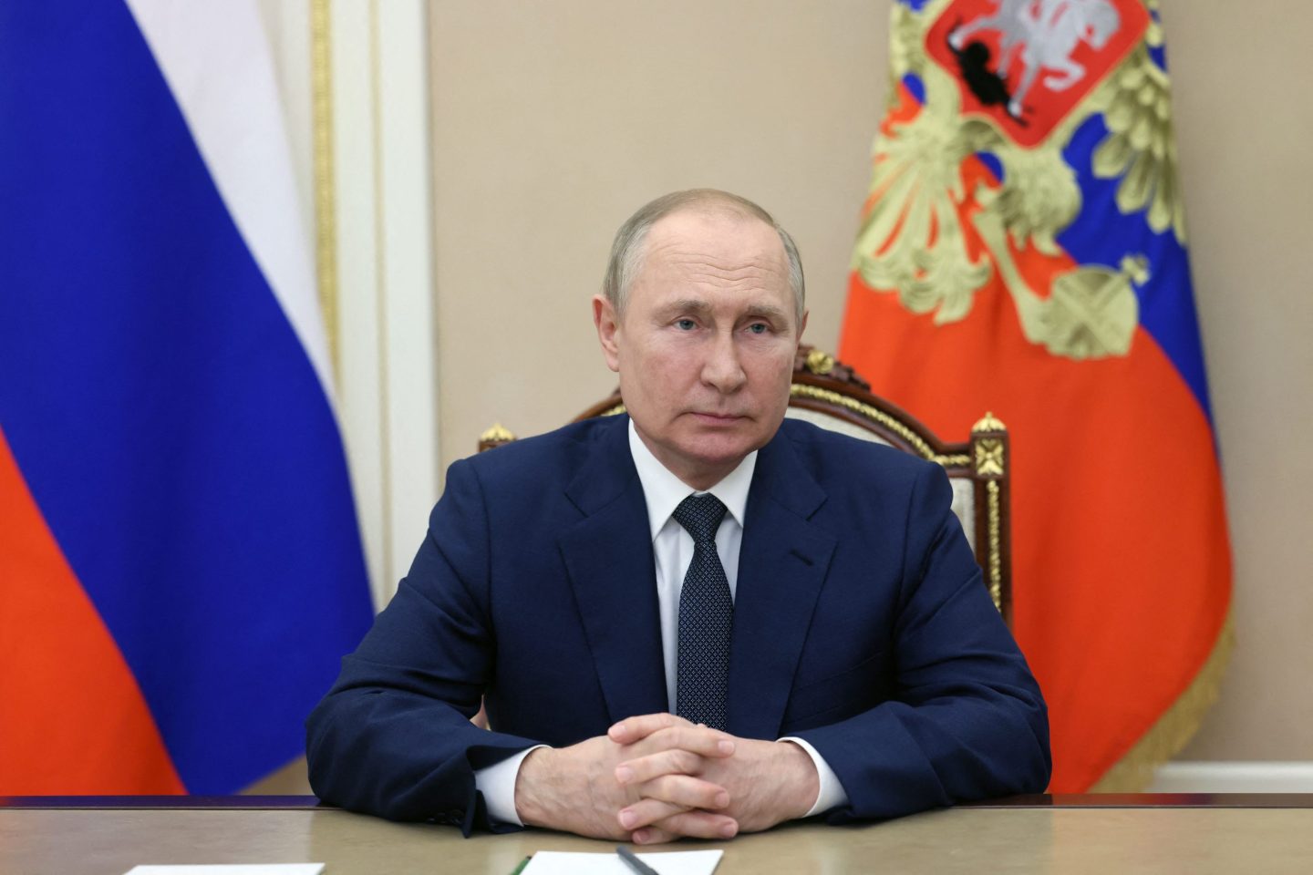 Photo of Russian president Vladimir Putin during a video meeting with Belarus on July 1, 2022.