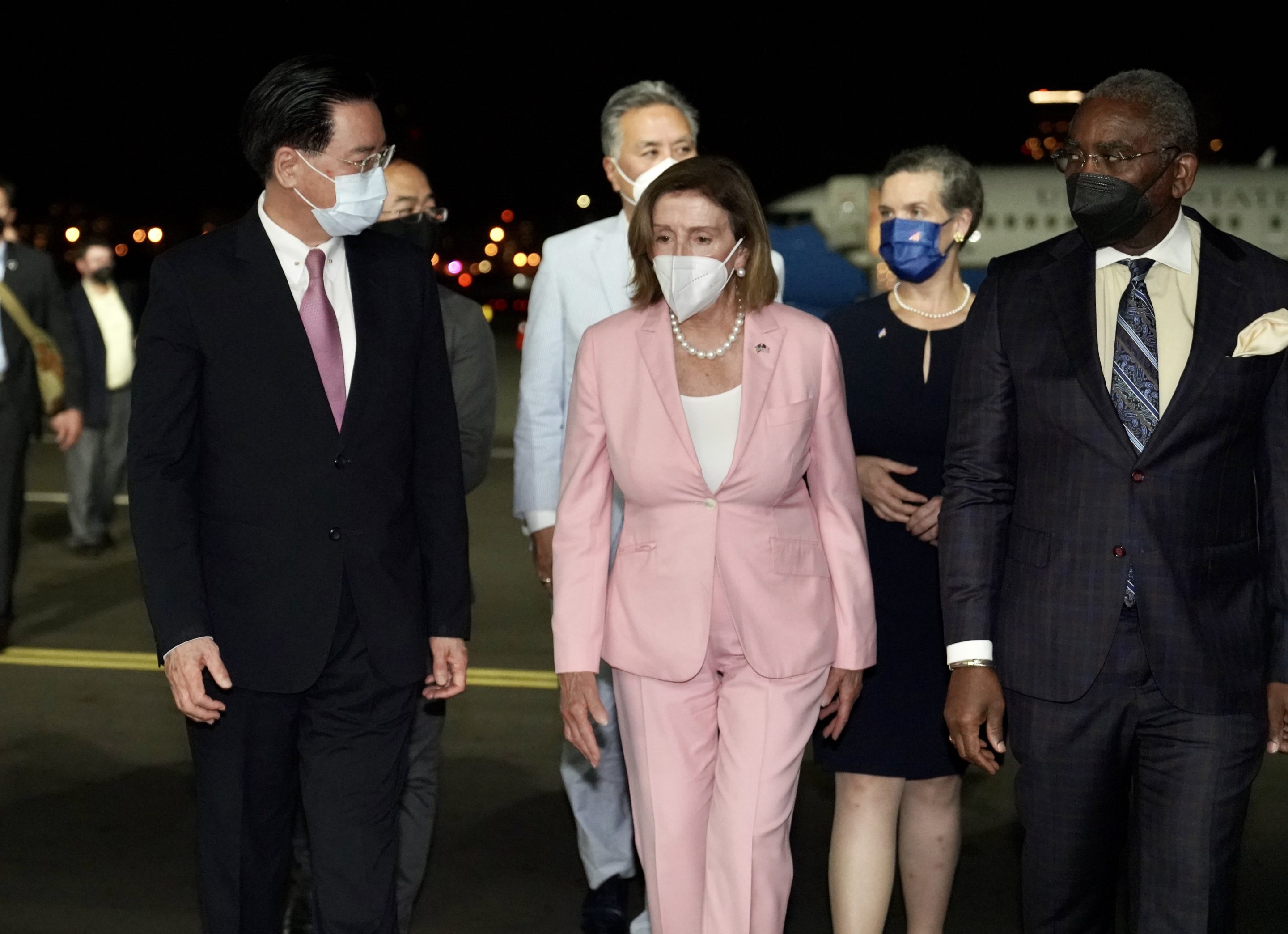 Photo of U.S. House Speaker Nancy Pelosi landing in Taipei, Taiwan, on August 2, 2022.
