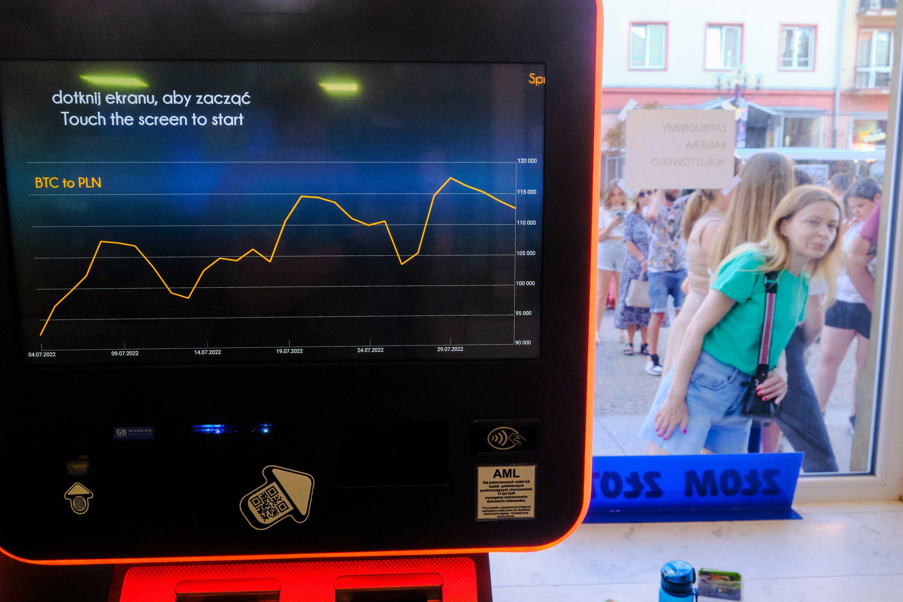 A chart displaying Bitcoin to Polish zloty performance on a cryptocurrency automated teller machine (ATM) at a Cent Money Exchange in Wroclaw, Poland, on Aug. 2.