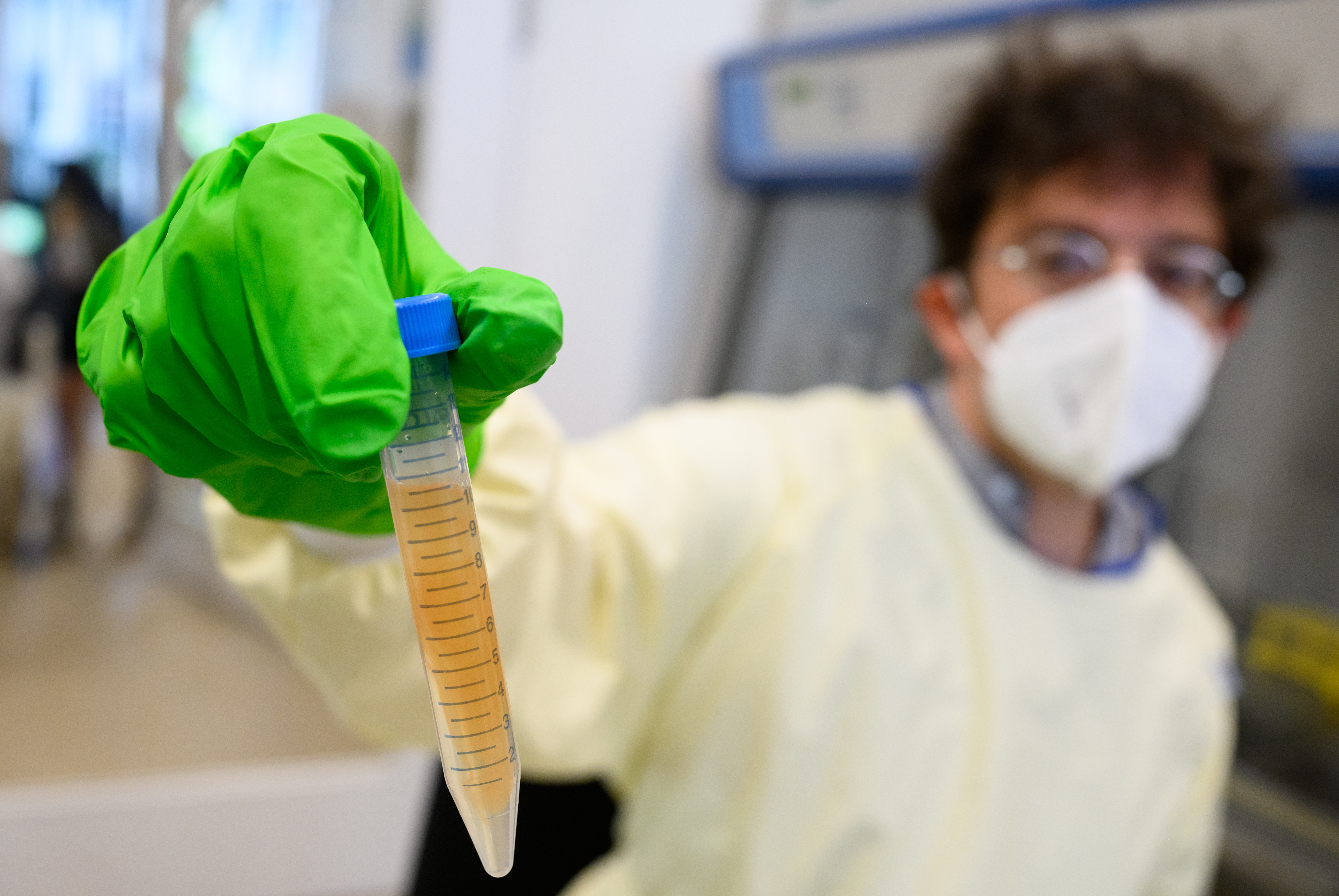 Molecular biologist Emanuel Wyler examines wastewater samples for pathogens in the safety laboratory at the Max Delbrück Center for Molecular Medicine in Berlin. From the amount of bacteria and viruses found, conclusions can be drawn, for example, about the frequency of coronavirus infections.
