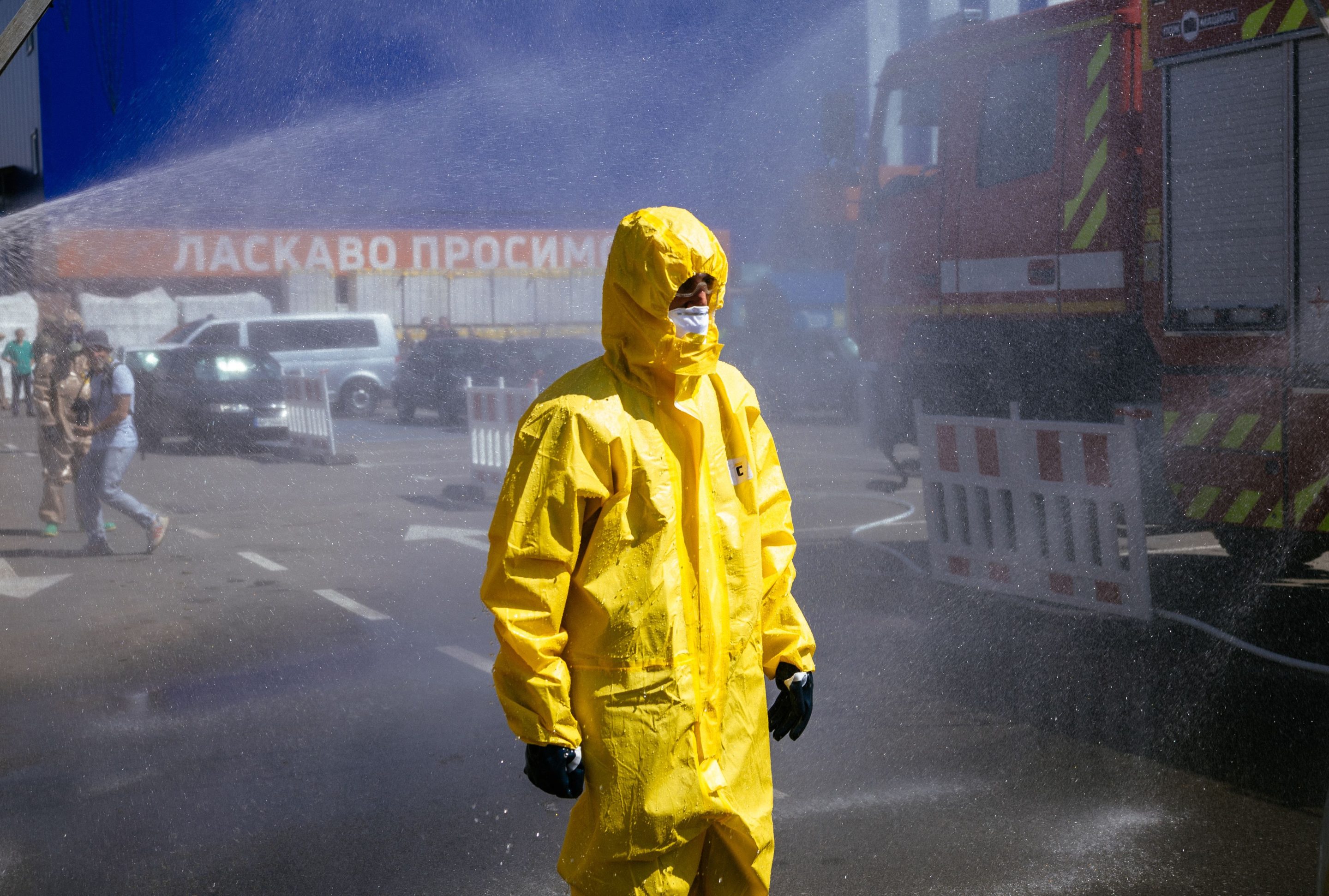 A Ukrainian Emergency Ministry rescuer attends an exercise in the city of Zaporizhzhia on Aug. 17 in case of a possible nuclear incident at the Zaporizhzhia nuclear power plant located near the city.