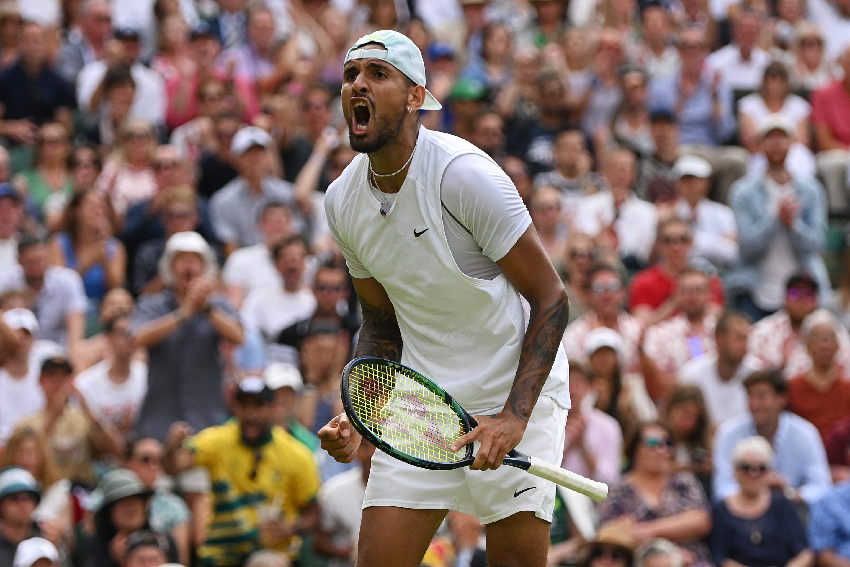 Australian tennis star Nick Kyrgios, pictured during the 2022 Wimbledon tournament, is being sued by a spectator he accused of being “drunk out of her mind.”