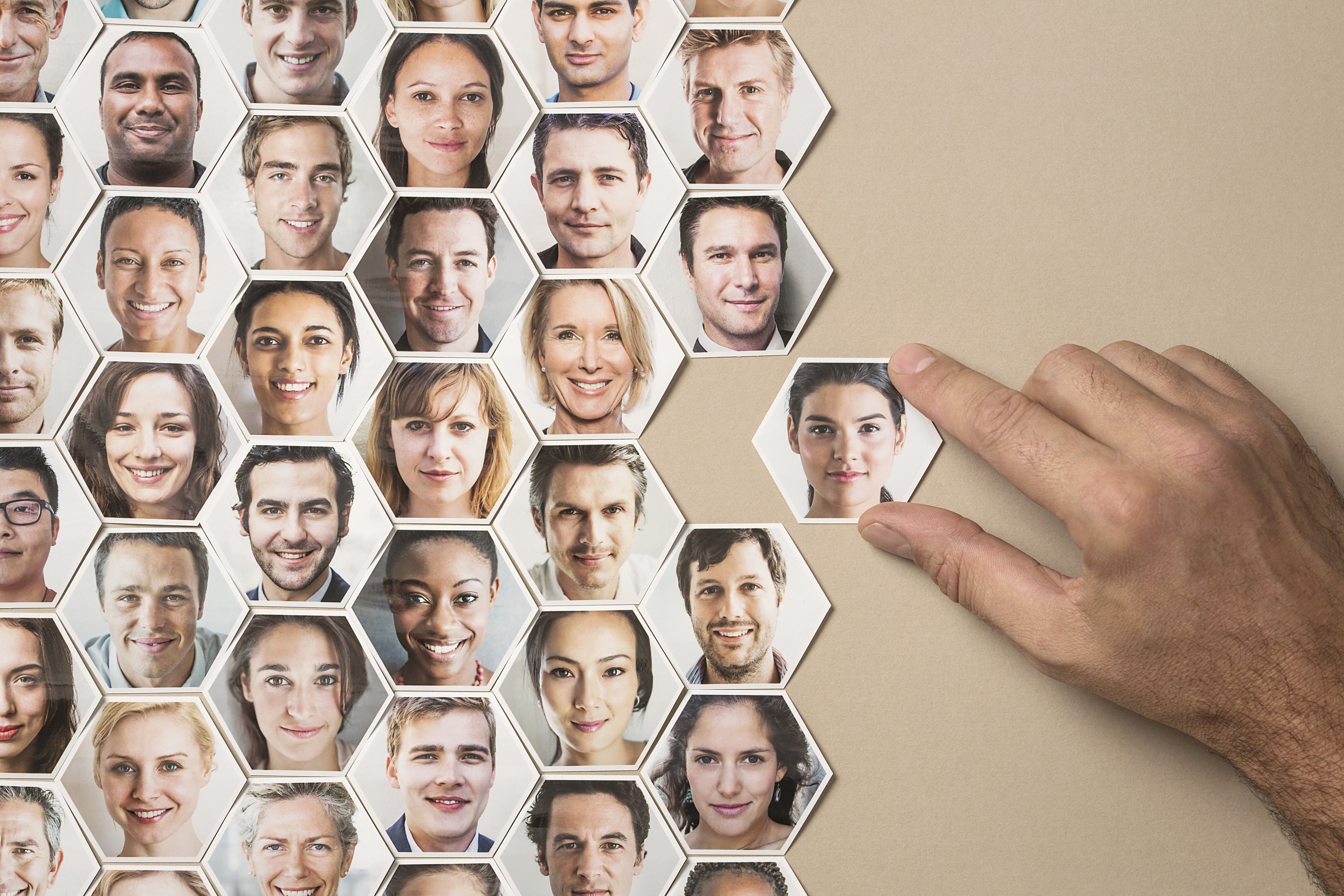 Grid of hexagonal portraits, hand adding new one