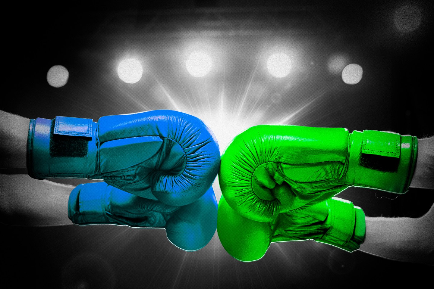 Blue boxing gloves face off against green boxing gloves