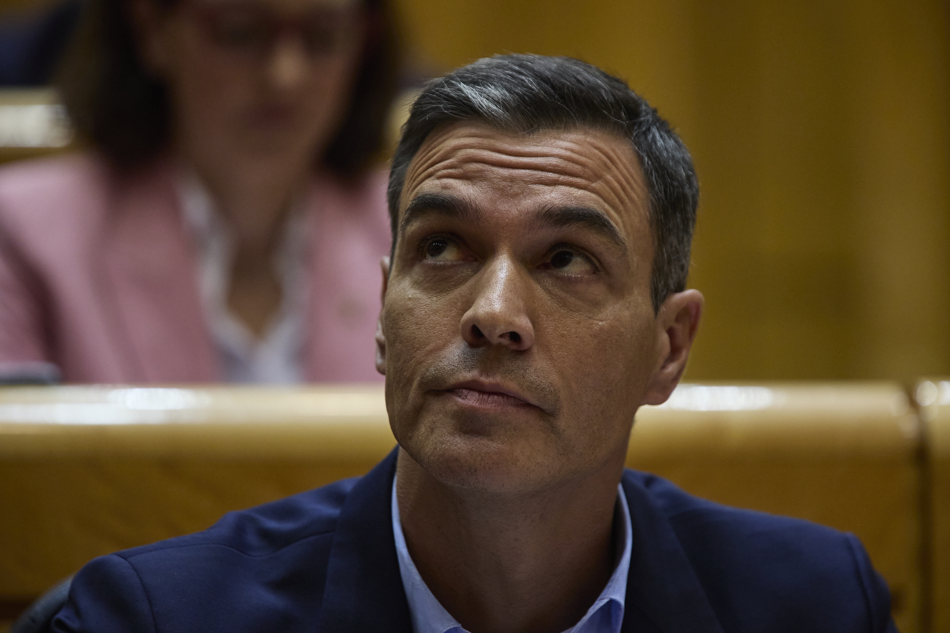 Shot of Spanish Prime Minister Pedro Sanchez during a Senate meeting in Madrid