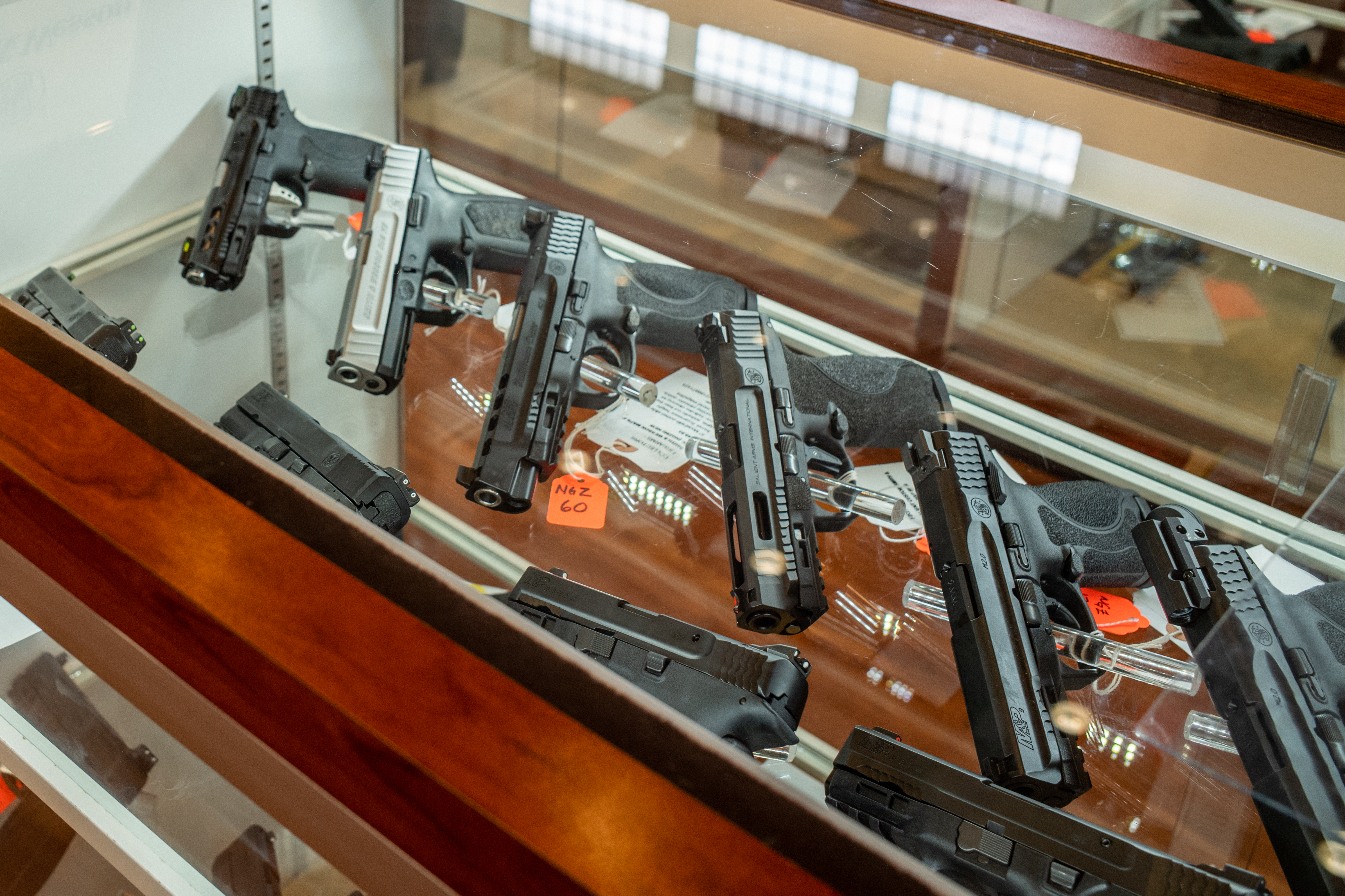Handguns in a gun store on September 09, 2022 in Houston.
