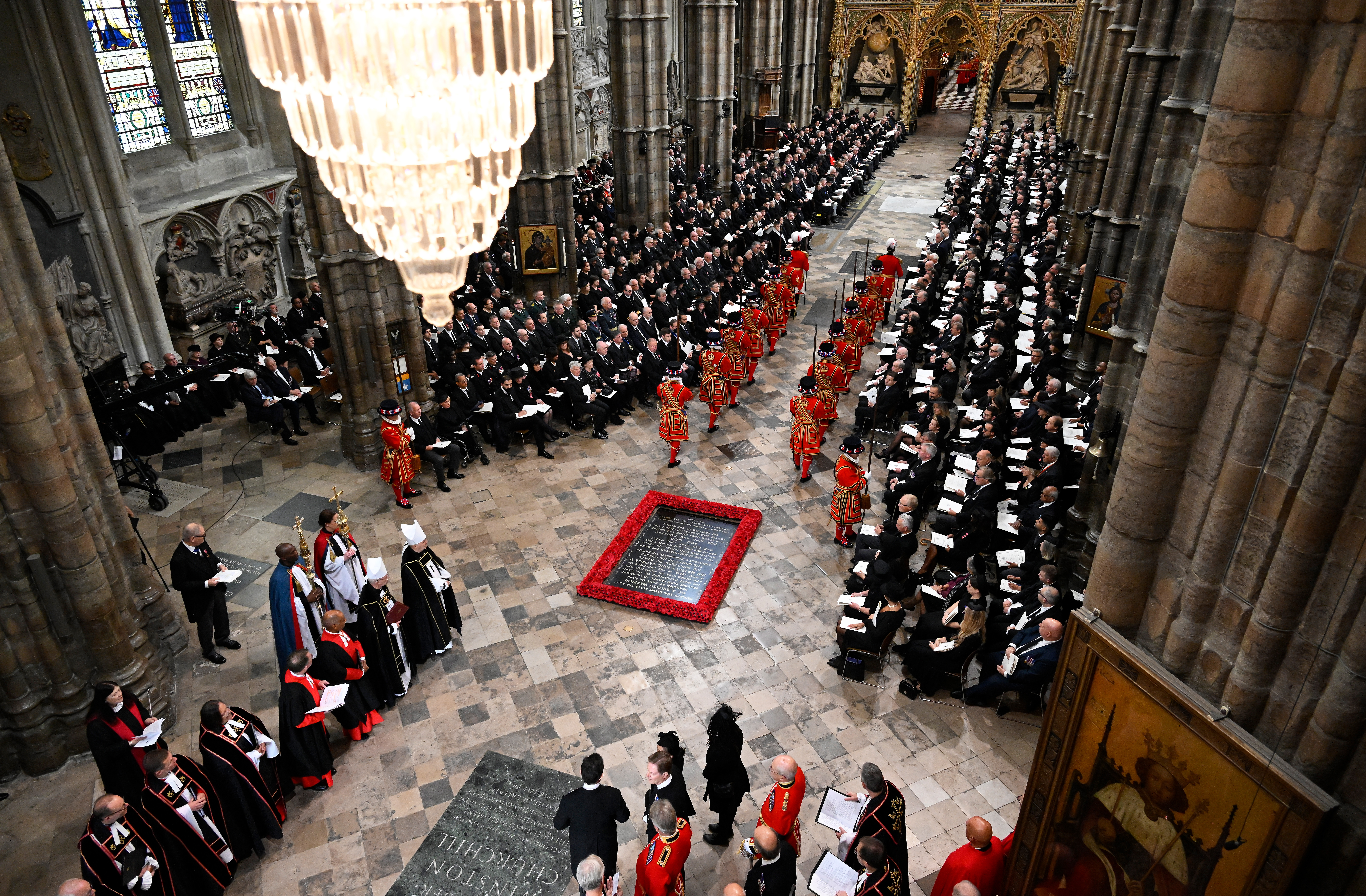 The Yeoman of the Guard arrive in Westminster Abbey during The State Funeral of Queen Elizabeth II on Sept. 19, 2022 in London.
