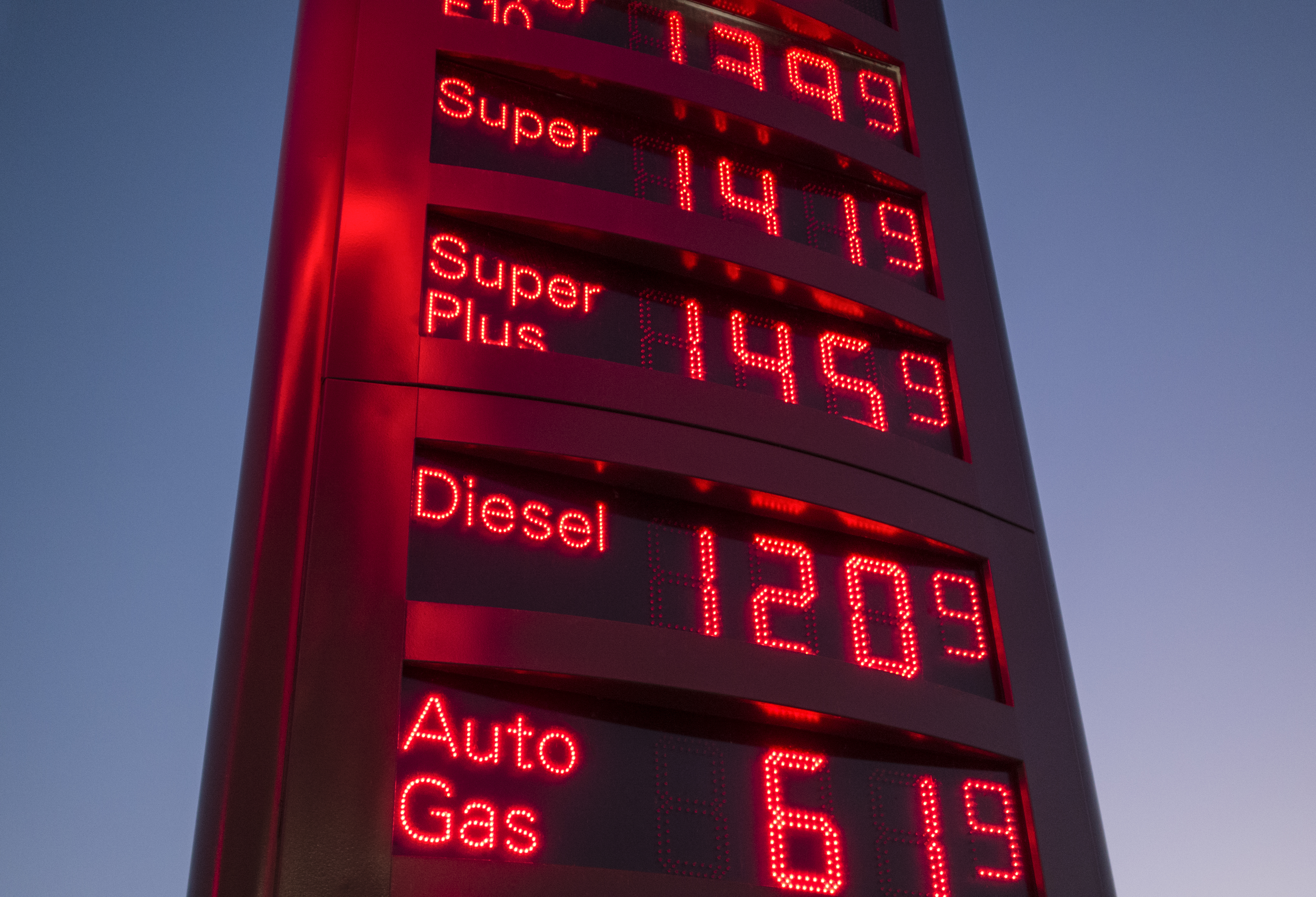 A gas station sign showing fuel prices in Germany