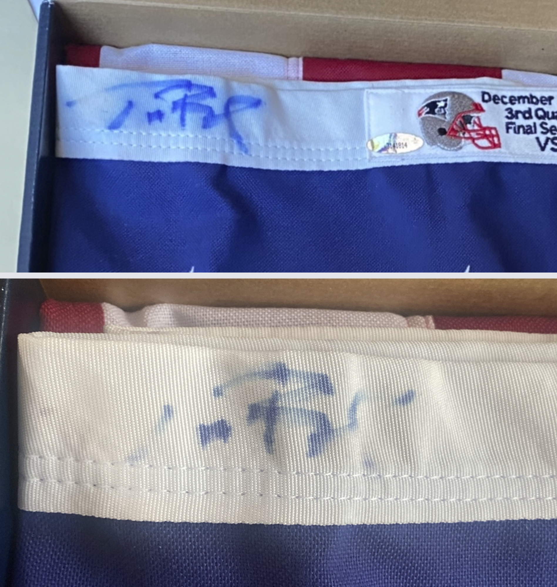 This image provided by Dan Vitale shows a U.S. flag signed by quarterback Tom Brady. Vitale, the owner of the flag, sued the New England Patriots on Oct. 5, 2022, saying the team caused irreparable damage to the flag by improperly displaying it at the team's hall of fame at Gillette Stadium.