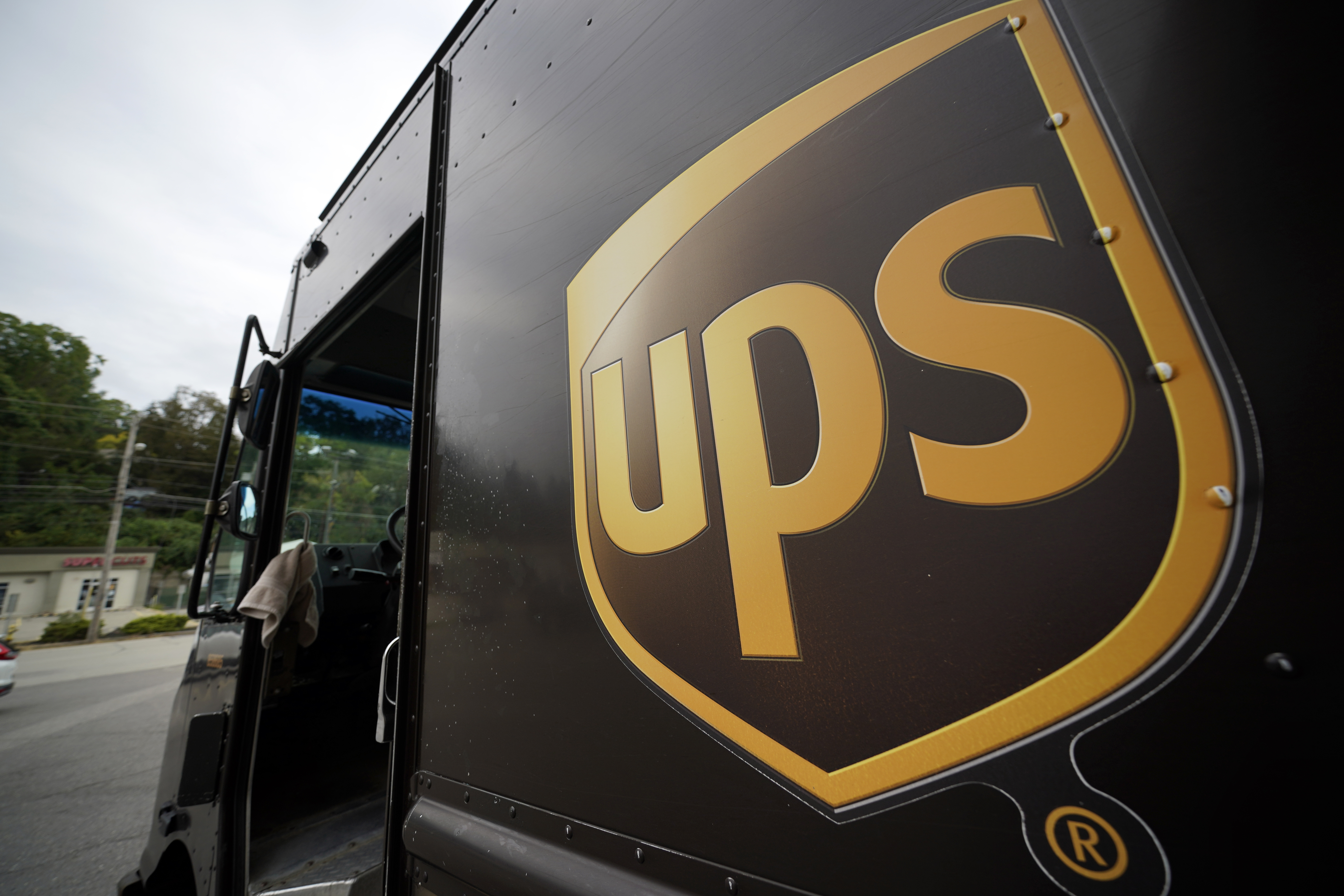 The UPS logo is displayed on the side of a delivery truck in Mount Lebanon, Pa., Sept. 21, 2021. 