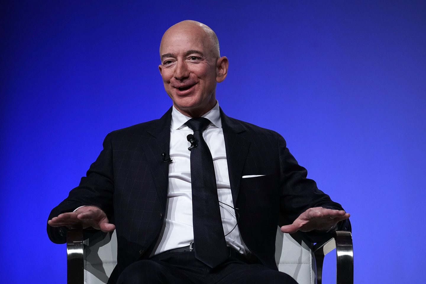 SAmazon CEO Jeff Bezos, founder of space venture Blue Origin and owner of The Washington Post, participates in an event hosted by the Air Force Association September 19, 2018 in National Harbor, Maryland.