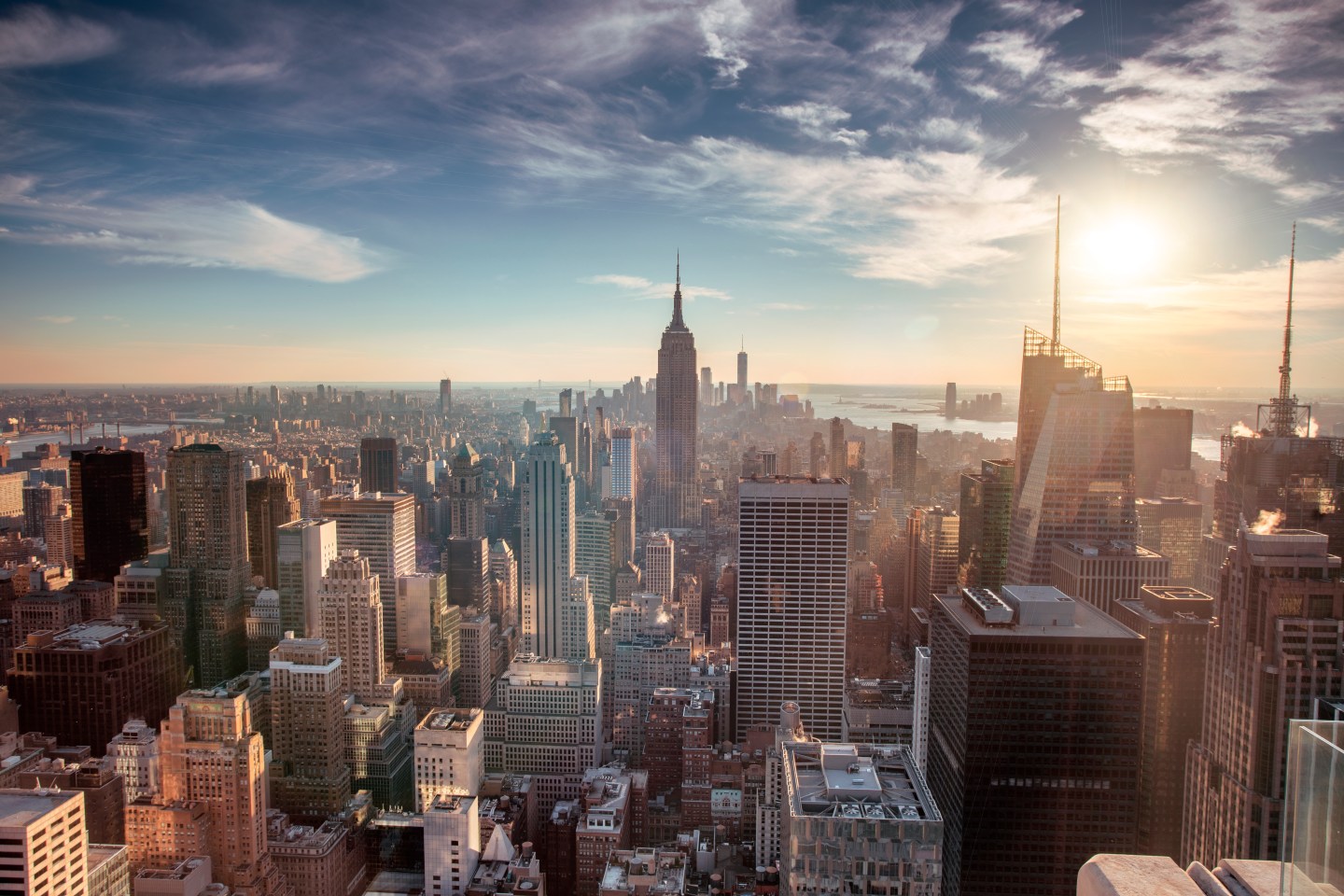 View of New York City skyline facing downtown