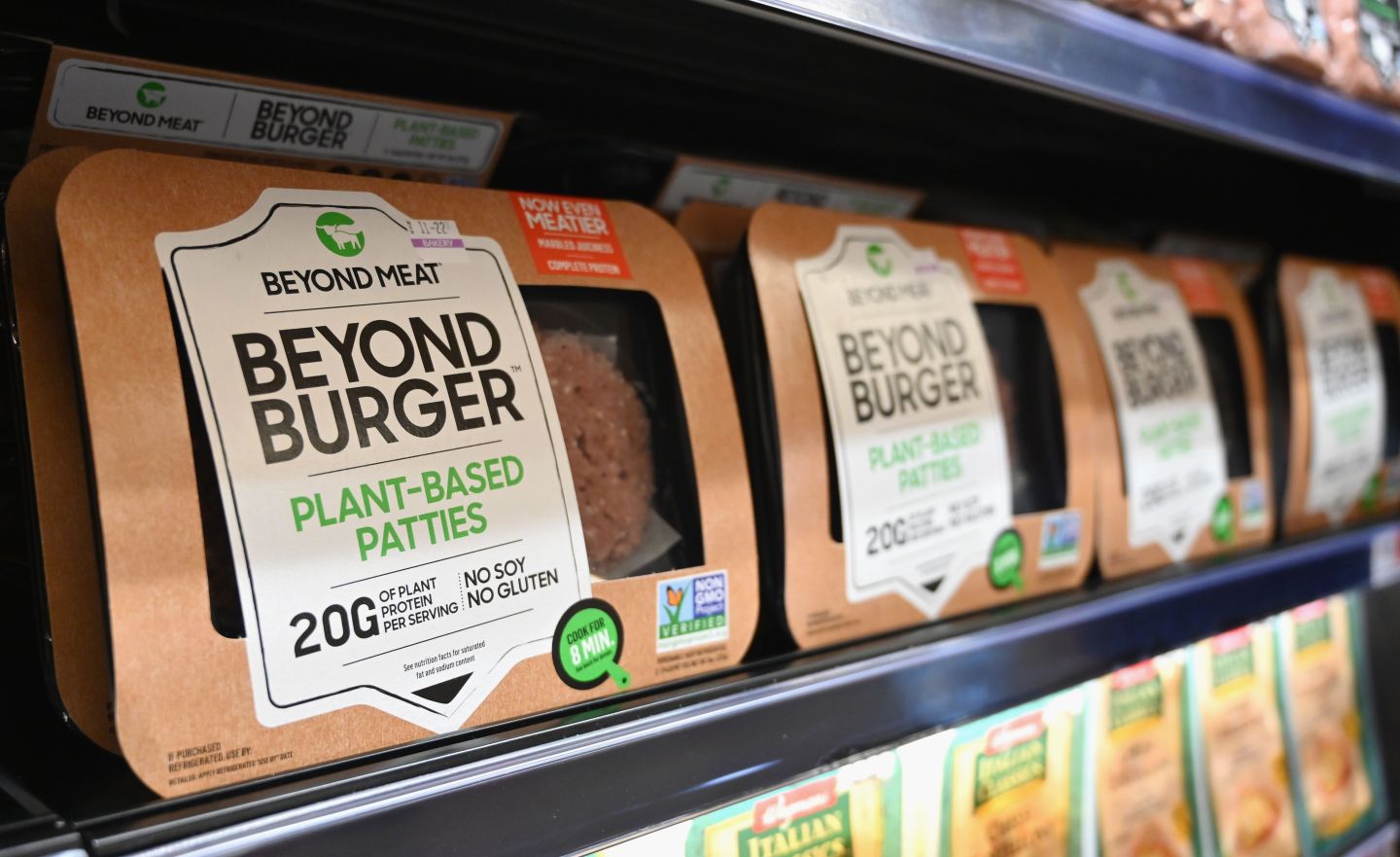 Beyond Meat "Beyond Burger" patties made from plant-based substitutes for meat products sit on a shelf for sale in New York City.